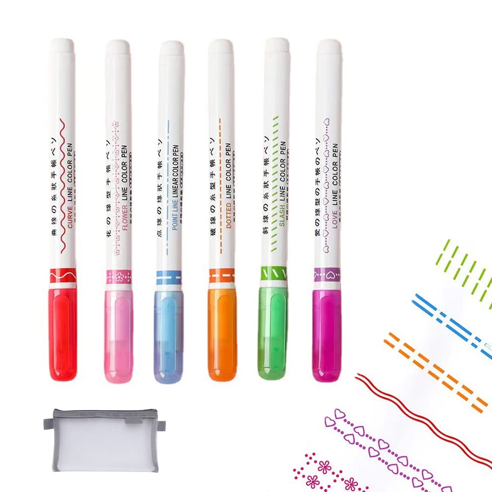 Flownwing Curved Highlighter Pen Set - 6 Dual Tip Markers with Unique Curve Shapes for Note Taking, Bible Journaling & School Supplies (6 Colors, 6pcs) - Perfect for Students, Office Work & Creative Projects