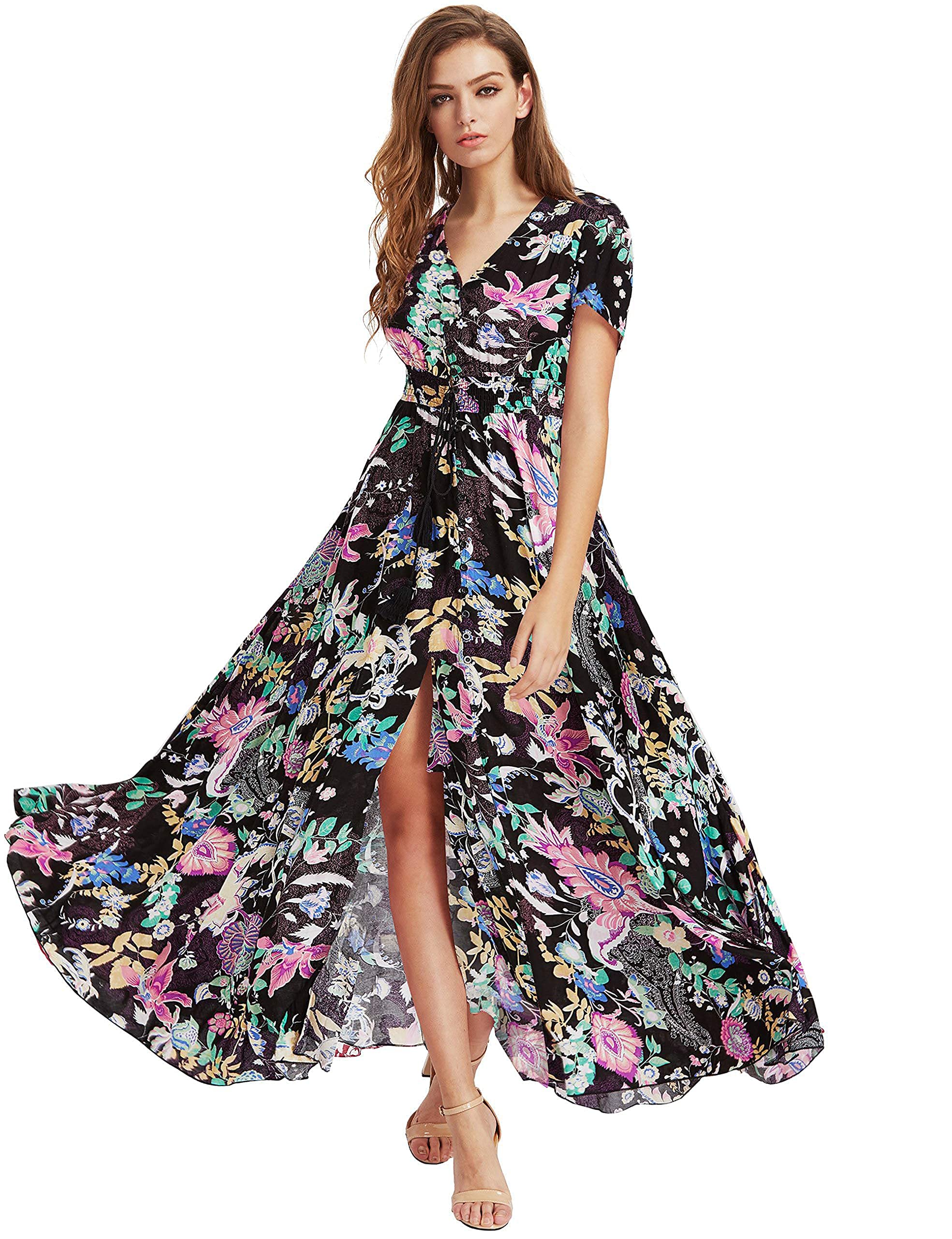 Milumia Women's Floral Print Button Up Maxi Dress - Elegant Split Design for Party, Wedding & Summer Occasions