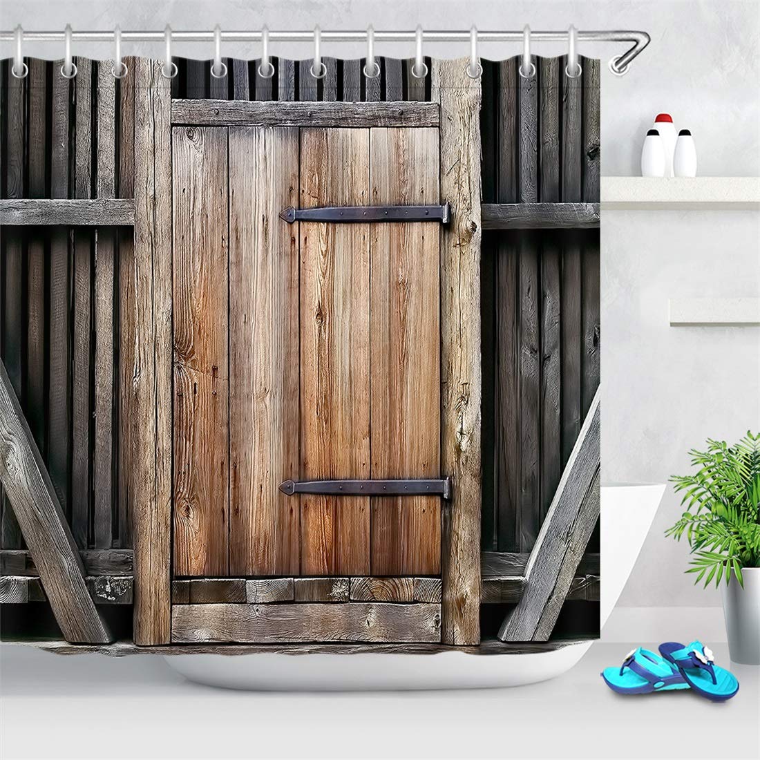 Rustic Wooden Barn Door Shower Curtain - Farmhouse Bathroom Decor for Western Country Style
