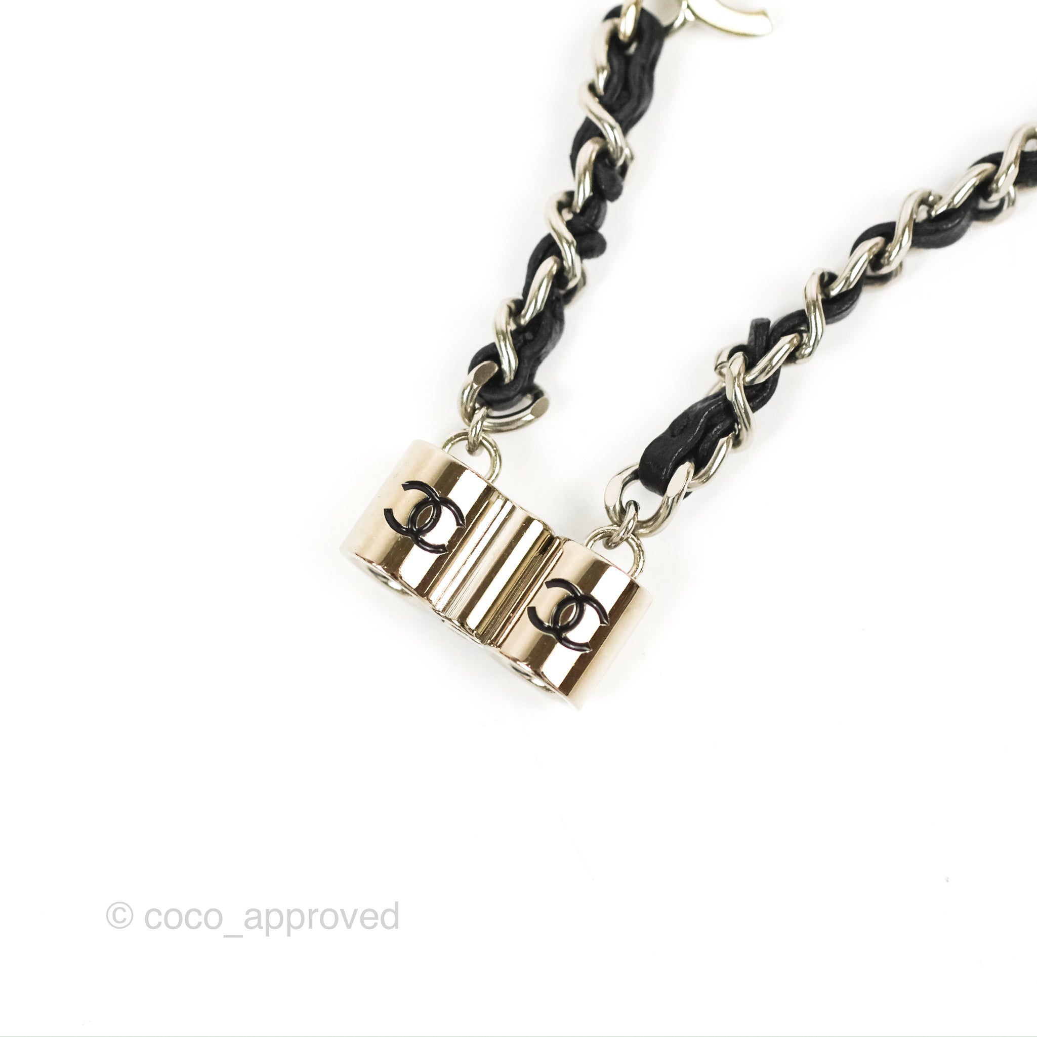 Chanel CC Woven AirPods Necklace in Black Lambskin with Silver Hardware - Stylish Accessory for Music Lovers & Fashion Enthusiasts