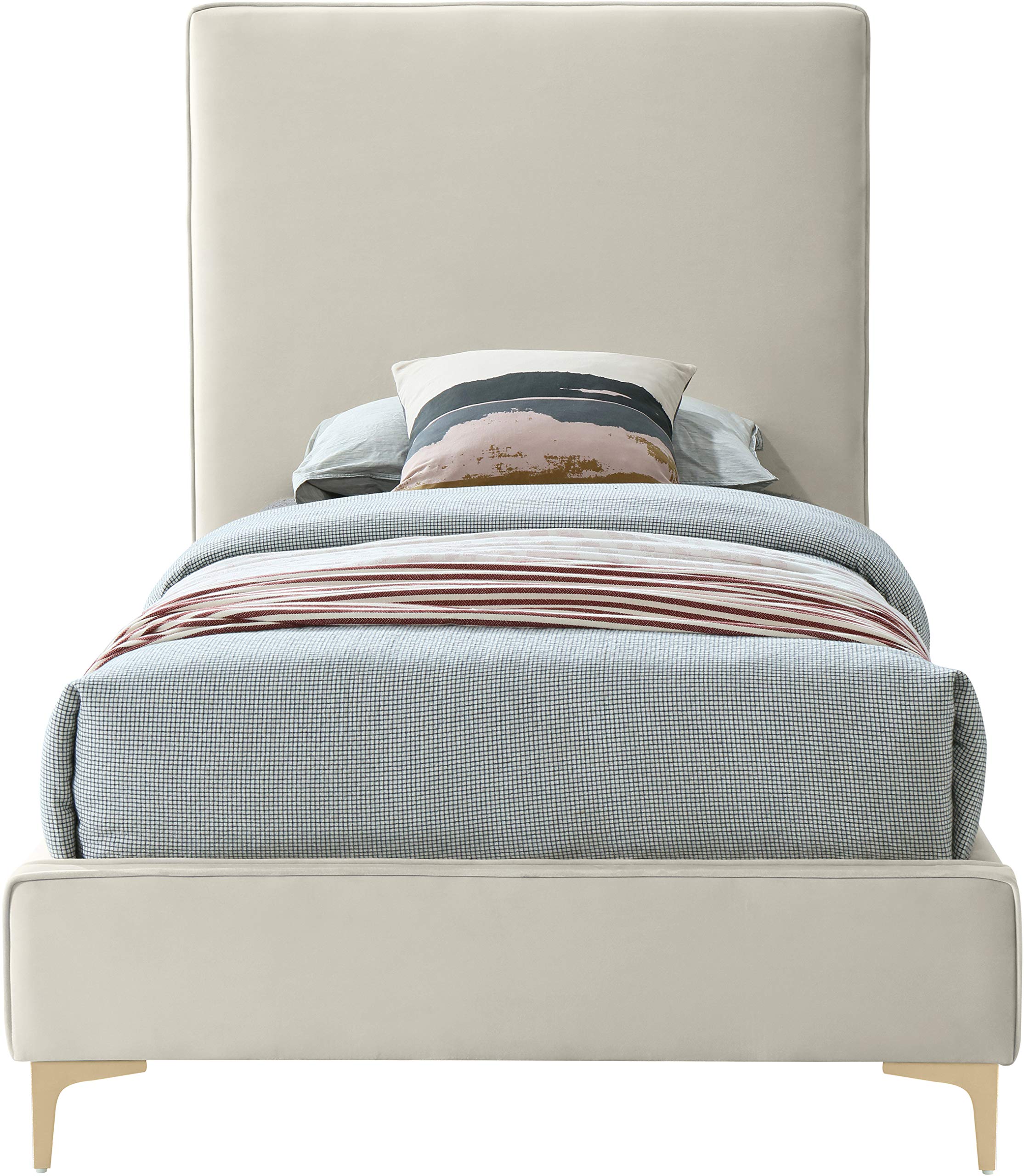 Meridian Furniture Geri Collection Modern Velvet Upholstered Bed - Twin Size Cream with Gold/Chrome Headboard | Luxury Bedroom Furniture for Contemporary Home Decor