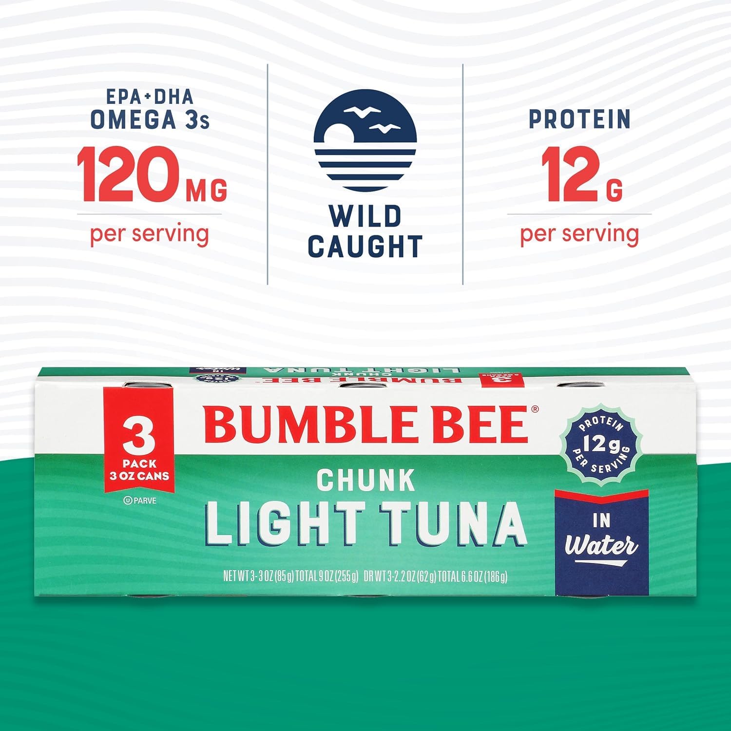 Bumble Bee Chunk Light Tuna in Water, 3 oz Cans (Pack of 3) - Wild Caught Skipjack Tuna - High Protein 12g per Serving - MSC Certified Sustainable Seafood - Non-GMO, Gluten Free, Kosher - Perfect for Salads, Sandwiches & Quick Meals