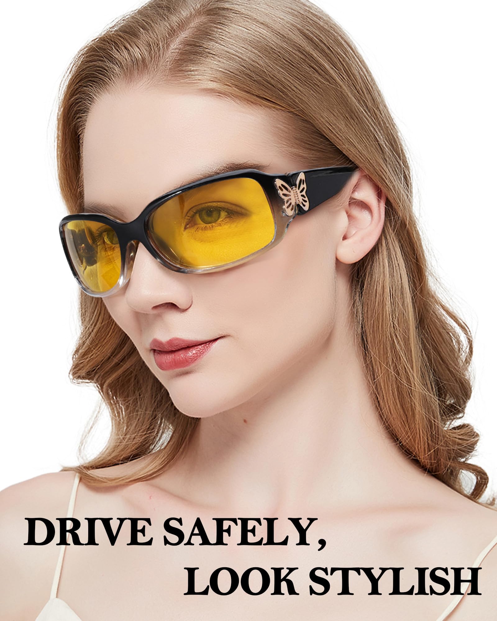 FIMILU Polarized Night Driving Glasses for Women - Anti Glare UV Protection for Safer Night Vision, Trendy Butterfly Frame Fashion Sunglasses | Perfect for Evening Commutes, Road Trips & Nighttime Activities