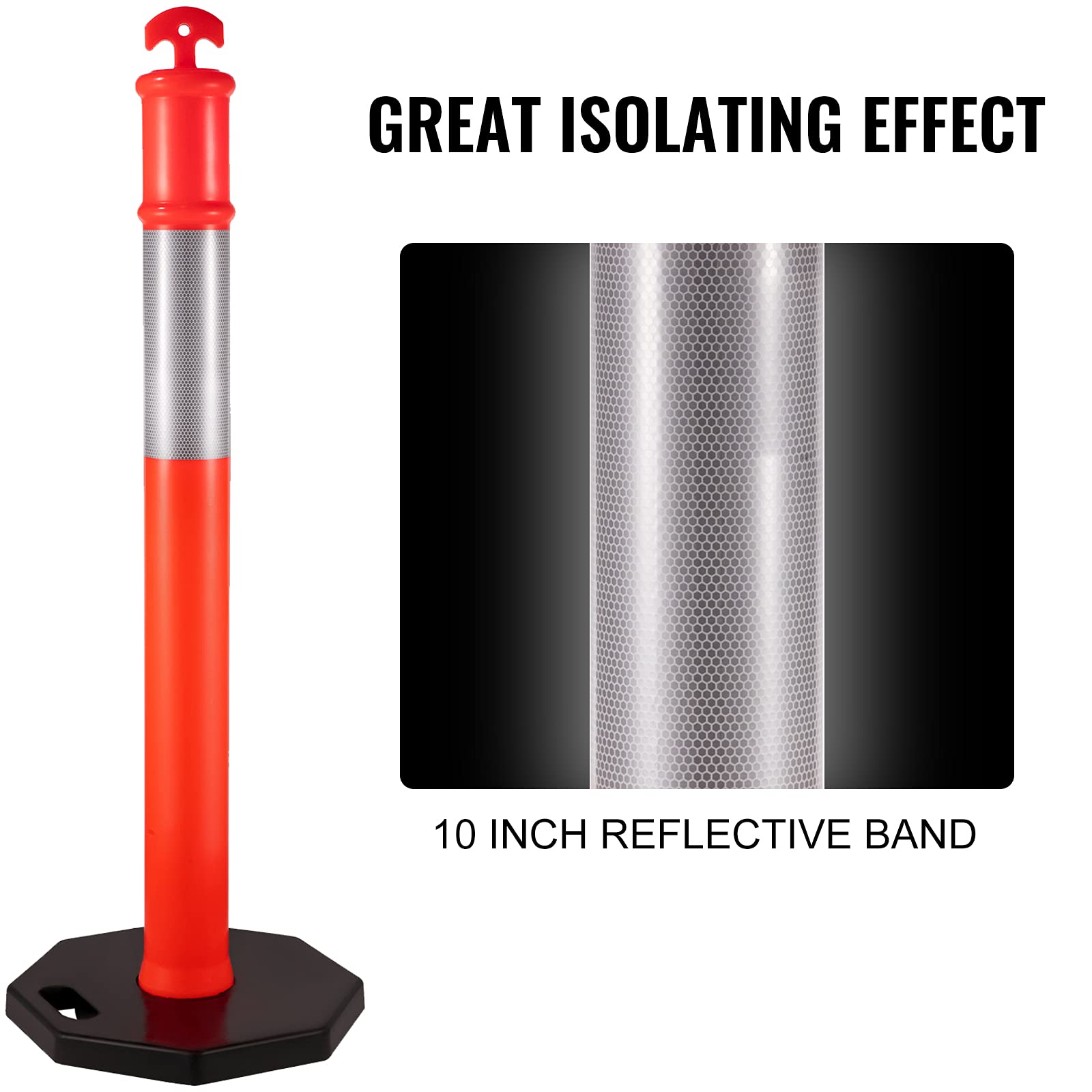 VEVOR 12-Pack 44-Inch Traffic Delineator Posts with 10-Inch Reflective Bands & 16-Inch Rubber Base - Heavy Duty Channelizer Cones for Construction Sites, Parking Lots, Road Safety, and Facility Management