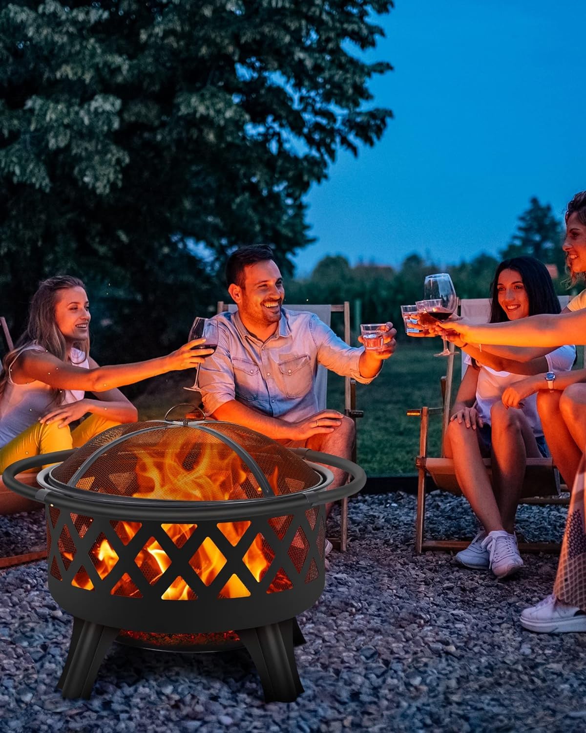 GARVEE 30-Inch Wood Burning Fire Pit with Grill & Spark Screen - Outdoor Backyard Camping, Patio, Garden, BBQ Cooking & Bonfire Nights