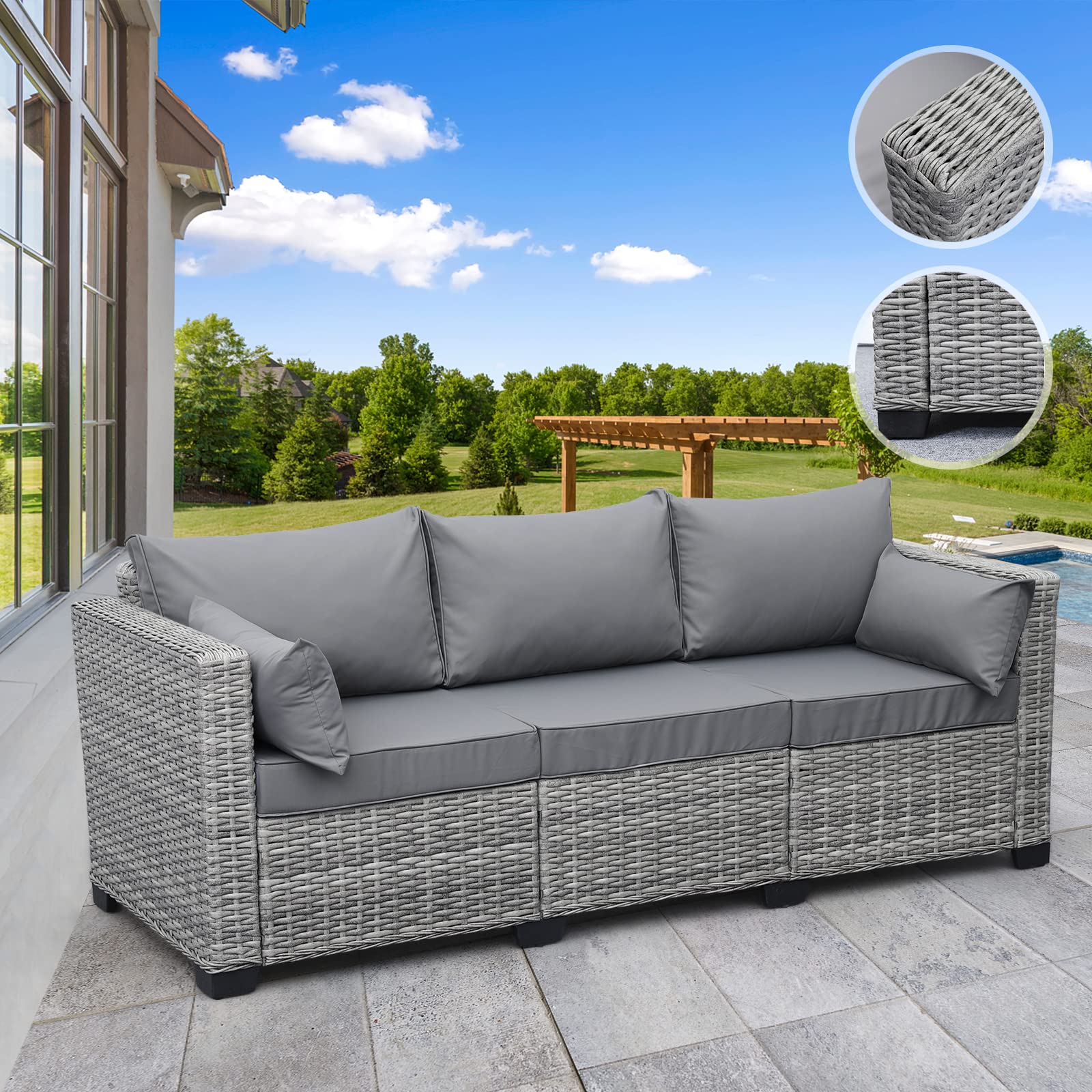 Rattan Outdoor Furniture 3-Seater Patio Sofa - Grey Wicker Deep Seat Couch with High Backrest, Waterproof Cover & Anti-Slip Cushions for Garden, Poolside, and Backyard Relaxation