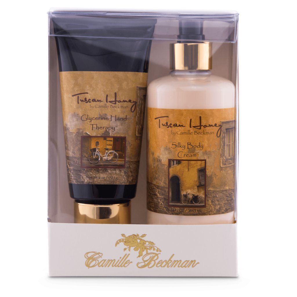 Camille Beckman Hand and Body Duet Set - Silky Body Lotion & Glycerin Hand Cream in Tuscan Honey Scent | Luxurious Moisturizing Gift Set for Dry Skin Care, Perfect for Home Spa Days and Holiday Gifting