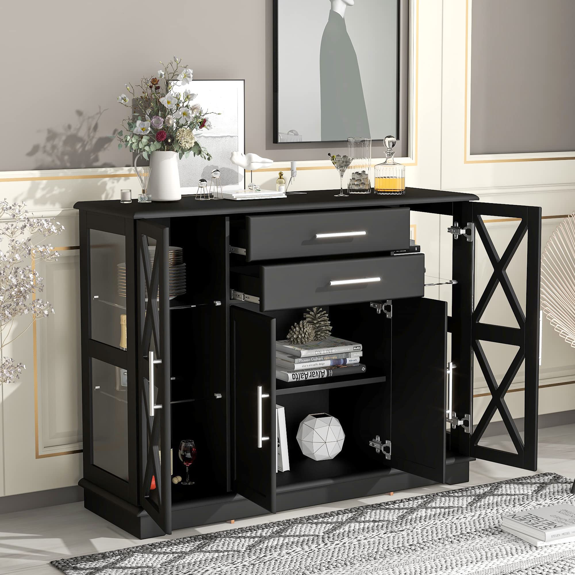 Modern Storage Cabinet with 2 Tempered Glass Doors - Sideboard Buffet Server Console Table with 2 Drawers & 2 Doors - Perfect for Dining Room, Living Room & Entryway Organization
