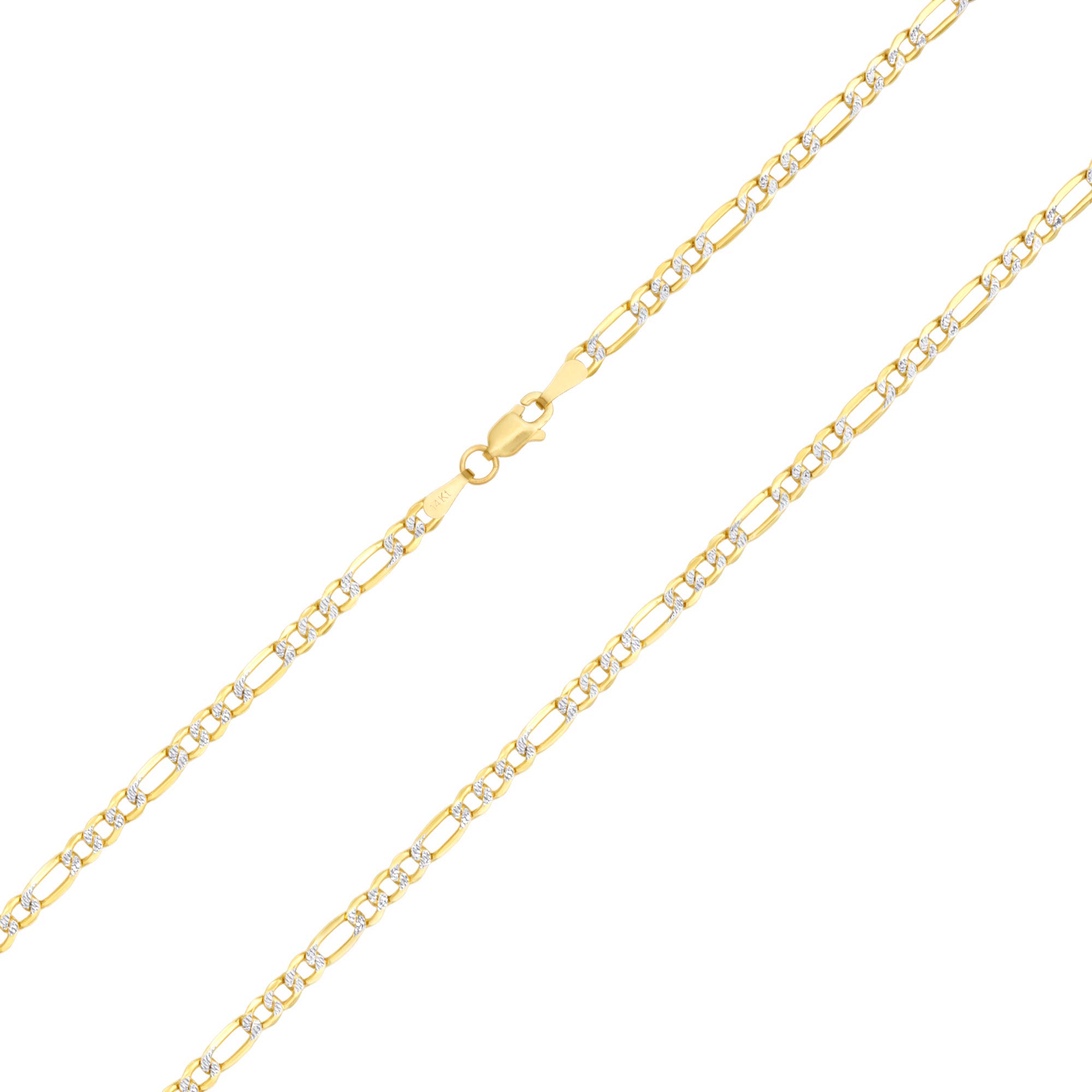 14K Real Yellow Gold Figaro Link Chain Bracelet - 4mm Diamond Cut Pave Design (7