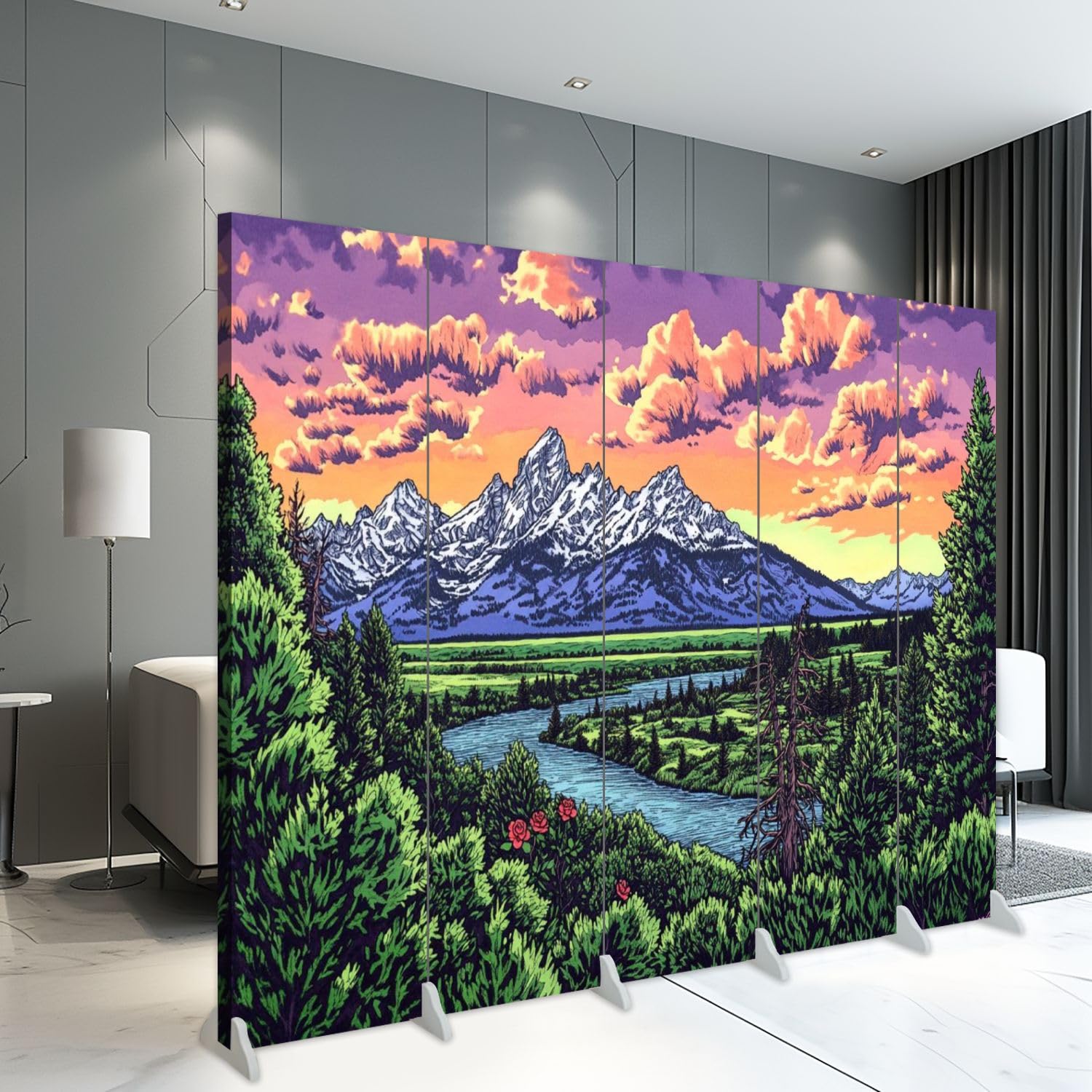5-Panel Folding Room Divider - National Park Scenery with Sunset, Clouds & Snow-Capped Mountains - Freestanding Canvas Privacy Screen for Home Office, Bedroom & Living Room Separator