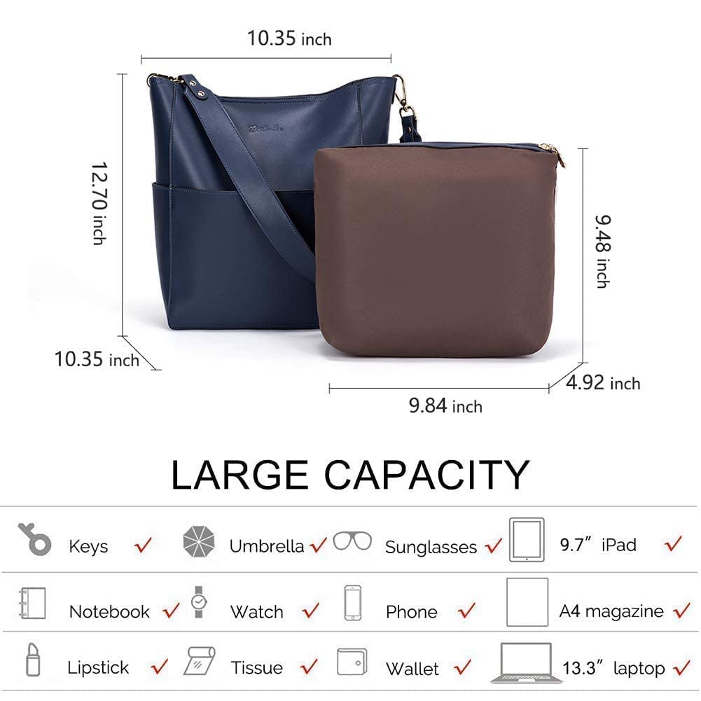 BOSTANTEN Women's Leather Designer Handbag Tote Purse Shoulder Bucket Bag in Navy Blue with RFID Blocking Zipper Pocket - Includes Small Bifold Leather Wallet Card Case - Perfect for Work, Travel and Everyday Use