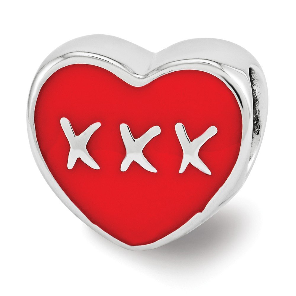 Black Bow Jewelry Sterling Silver & Red Enamel Double Sided Three KISSES Heart Bead Charm - Elegant Pendant for Necklace, Bracelet & Gift Giving - Perfect for Valentine's Day, Anniversaries & Romantic Occasions