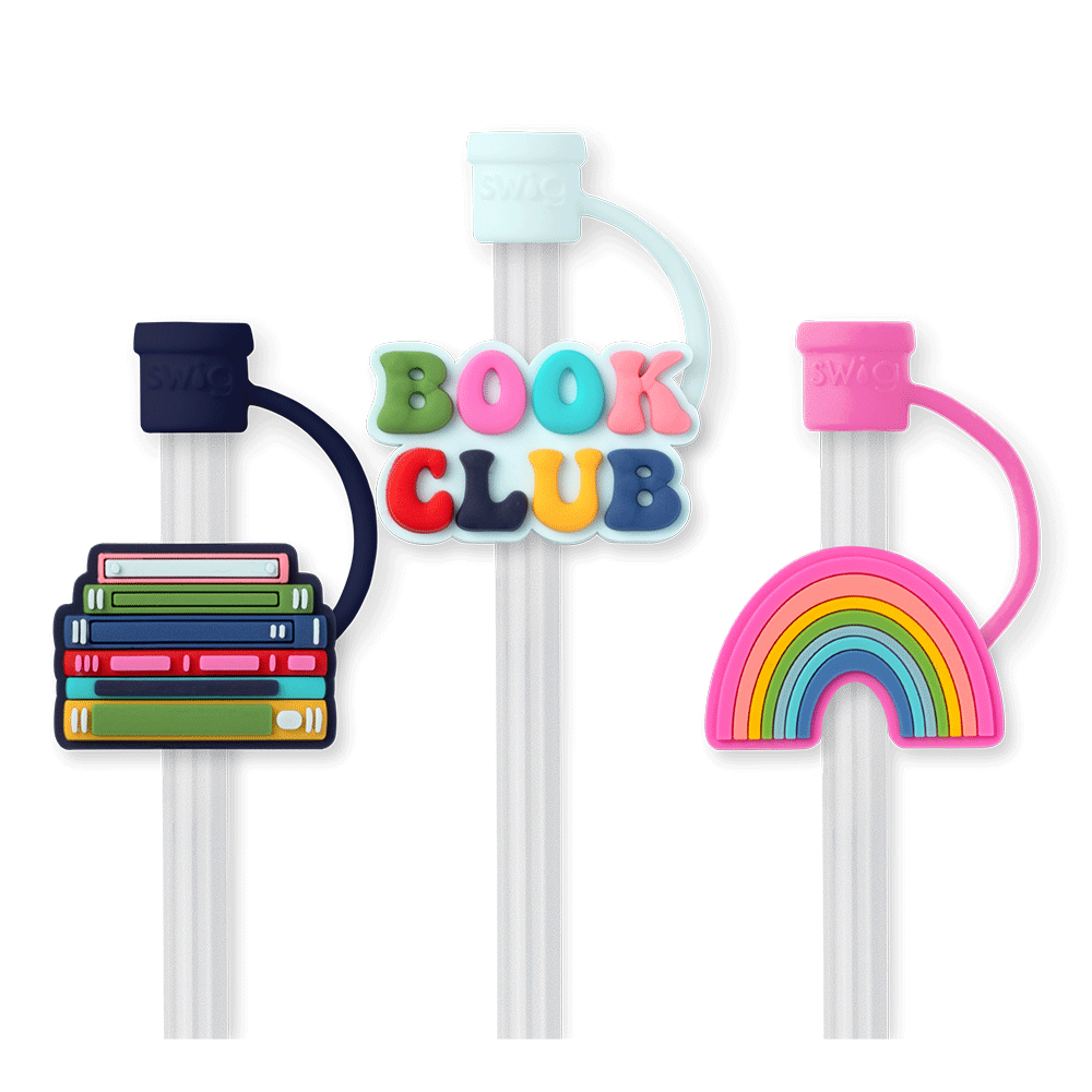 Book Club Straw Topper Set - 12 Pack Reusable Silicone Drink Lids for Cups, Perfect for Book Clubs, Reading Parties, and Literary Events