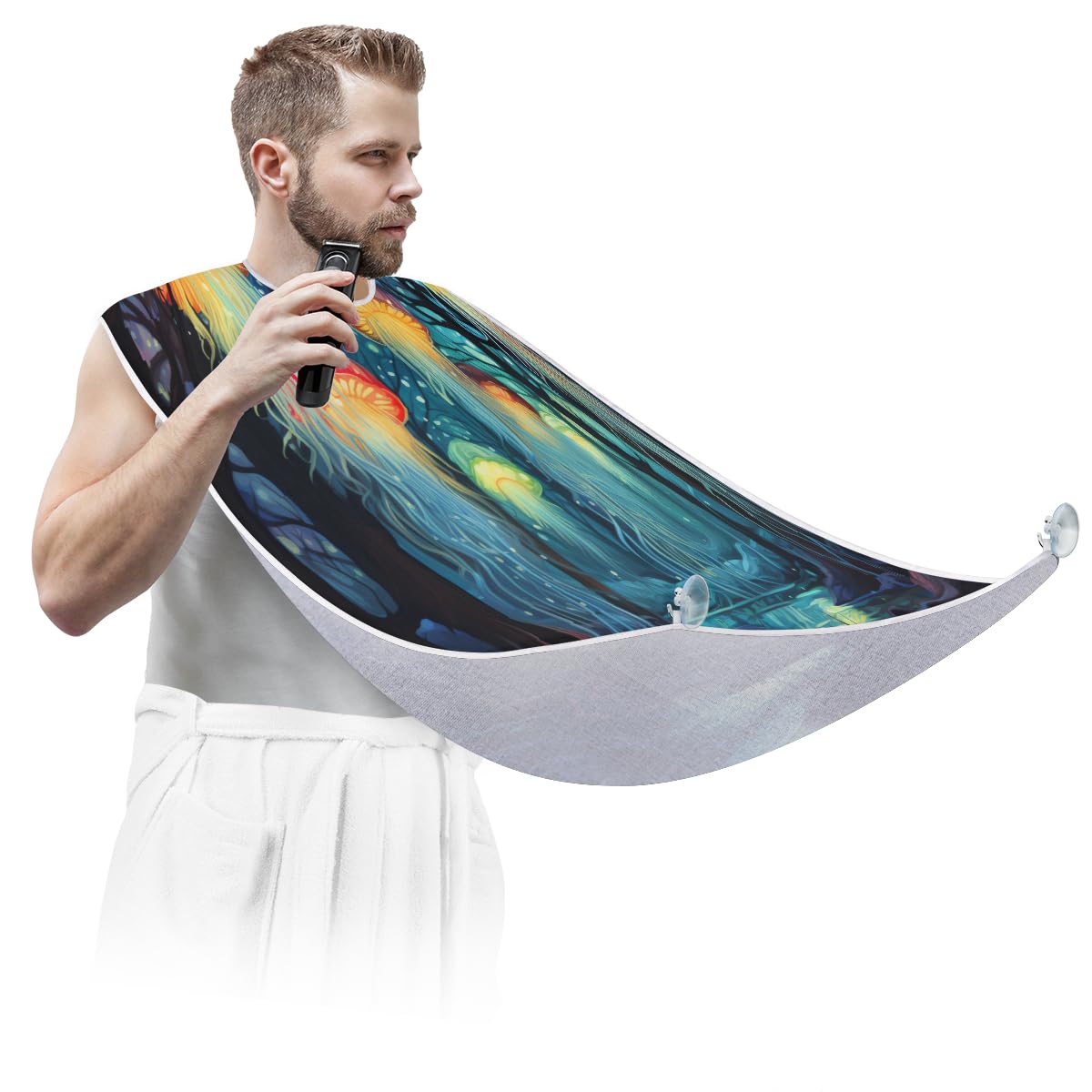 Jellyfish Oil Painting Beard Shaving Bib for Men - Waterproof Hair Dye Apron & Artist Cape for Haircut, Makeup, and Beard Trimming - Perfect Salon, Barber Shop, and Home Grooming Accessory