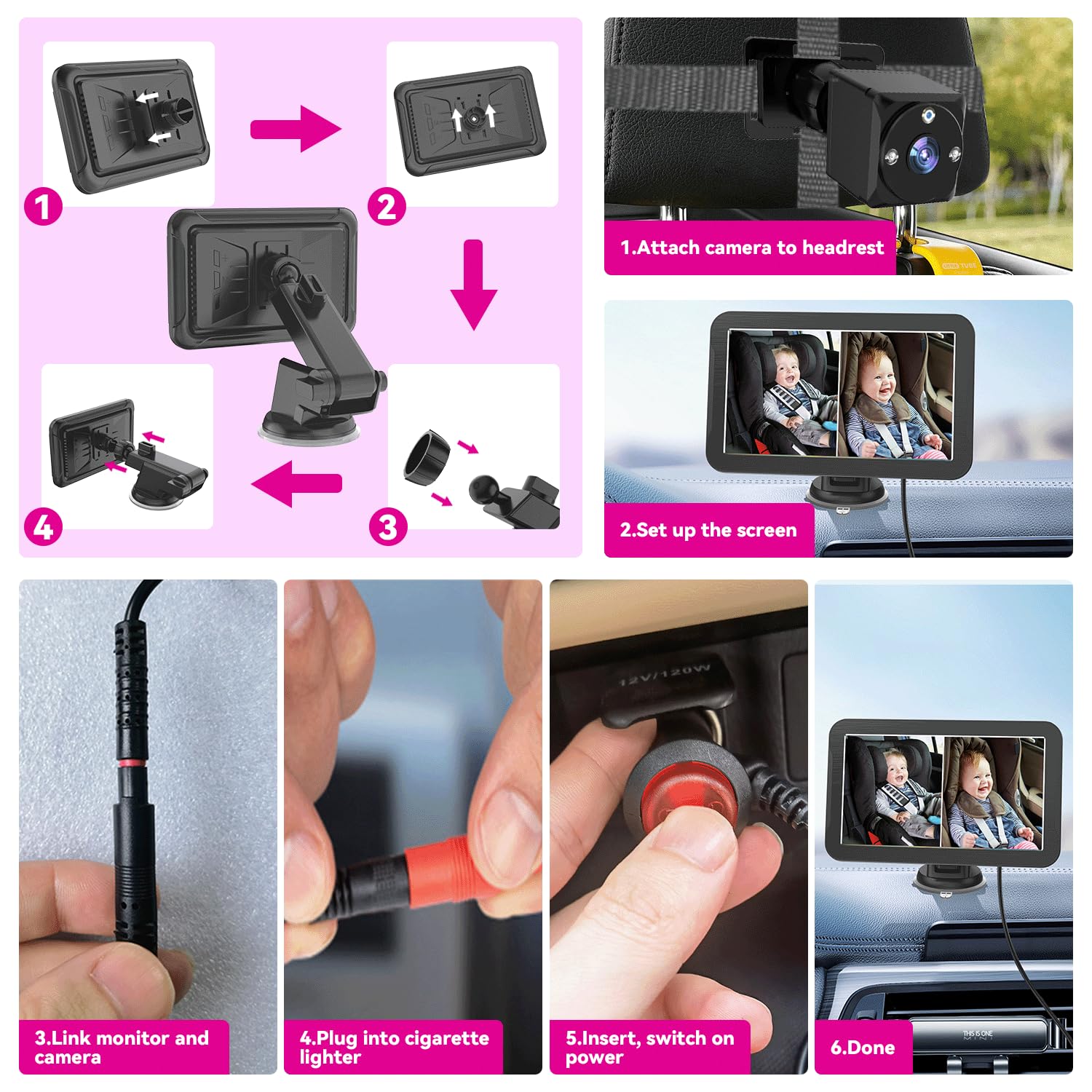 **7 Inch 1080P Baby Car Monitor with Dual Rear Facing Cameras & Night Vision – 360° Rotatable Safety Mirror for Rear Facing Car Seats – Ideal for Parents with 2 Kids, Perfect for Long Road Trips & Daily Commutes**