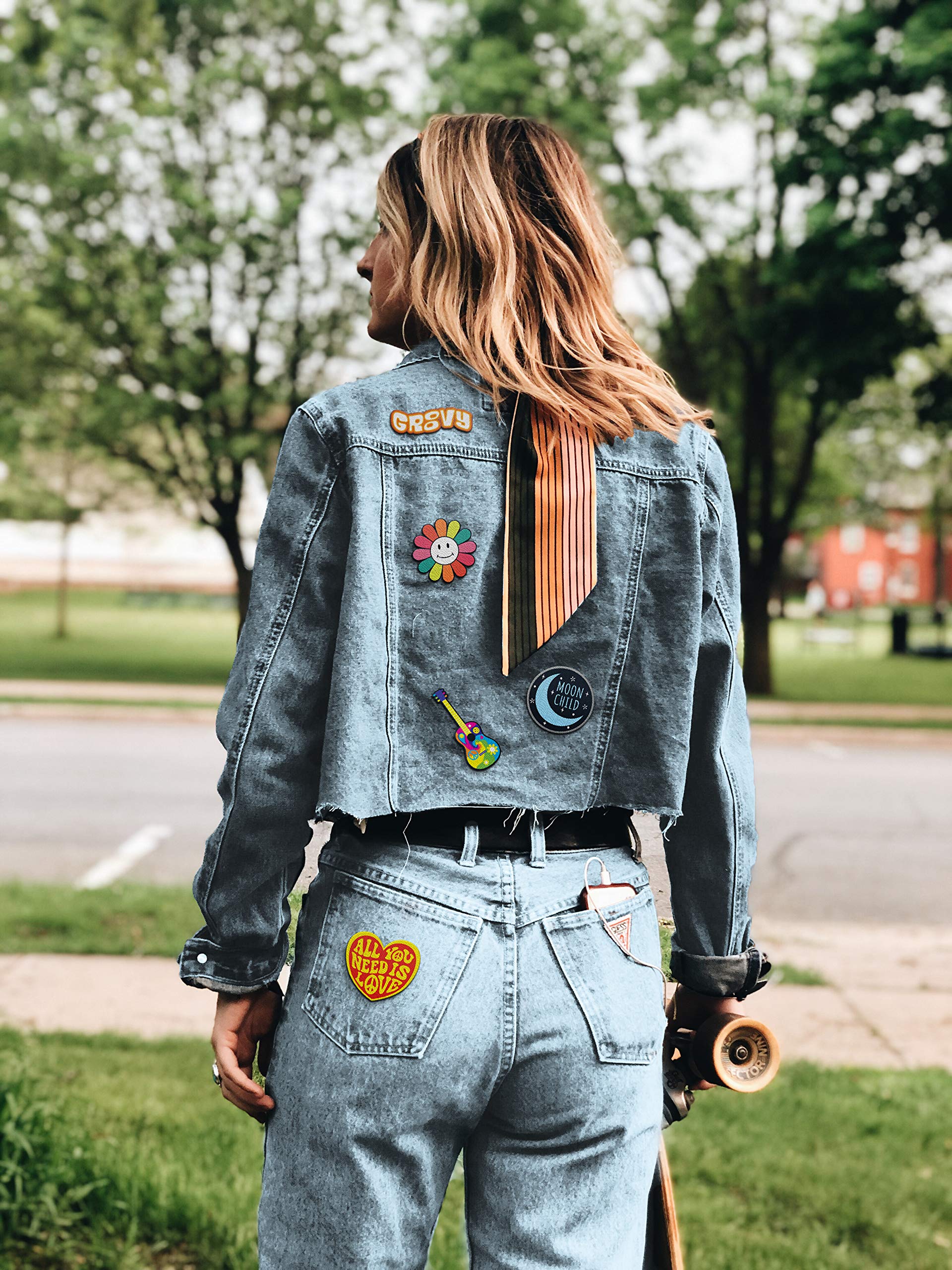 Retro Hippie Iron-On Patches - The Carefree Bee & Beatles Set of 12 | Vintage Embroidered Patches for Backpacks, Jeans & Clothes | Peace Sign, Flower Power Designs for DIY Fashion & Festival Outfits