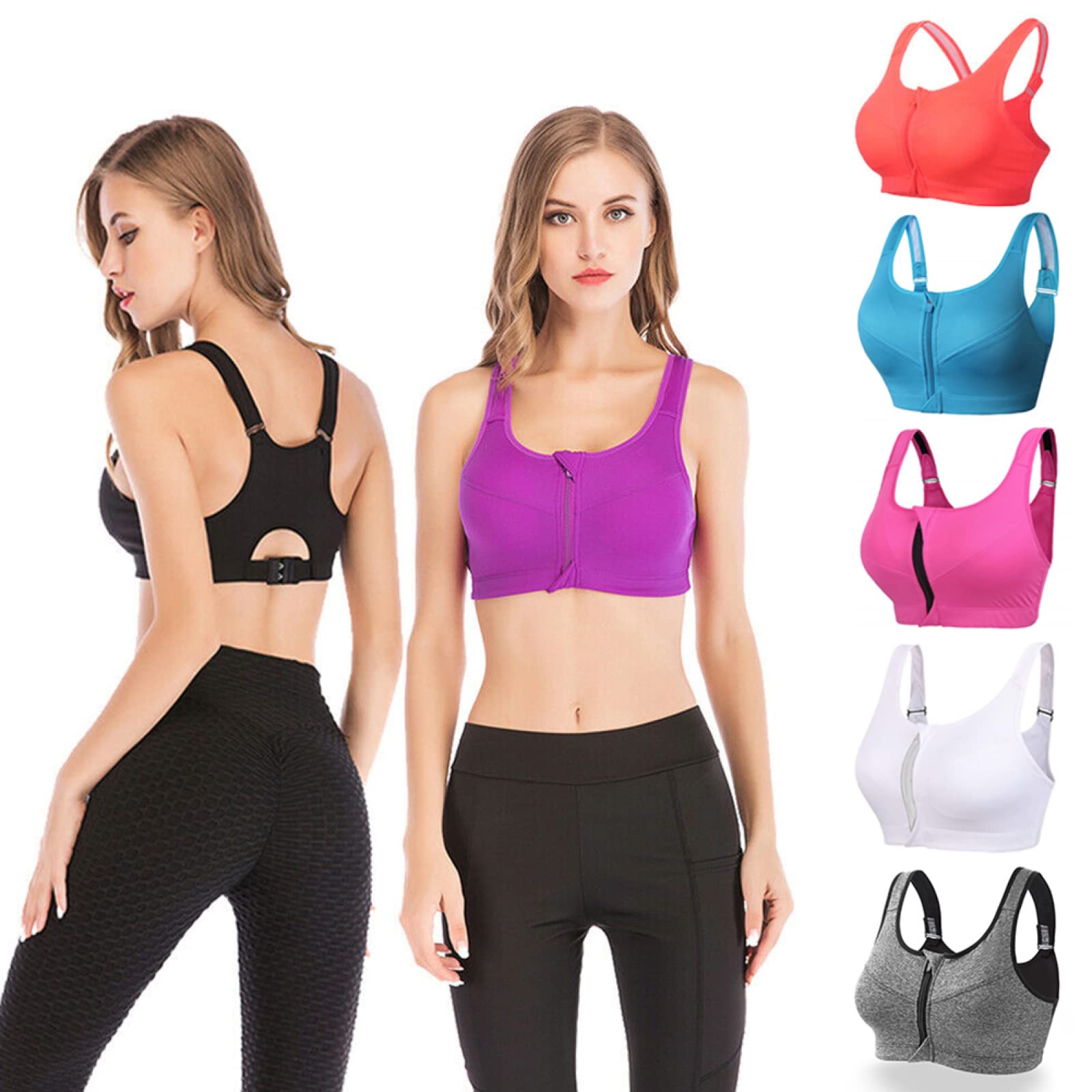 Plus Size Women's High Impact Front Zip Sports Bra - Adjustable Straps & Padded Support for Yoga, Running, Gym Workouts & High-Intensity Training