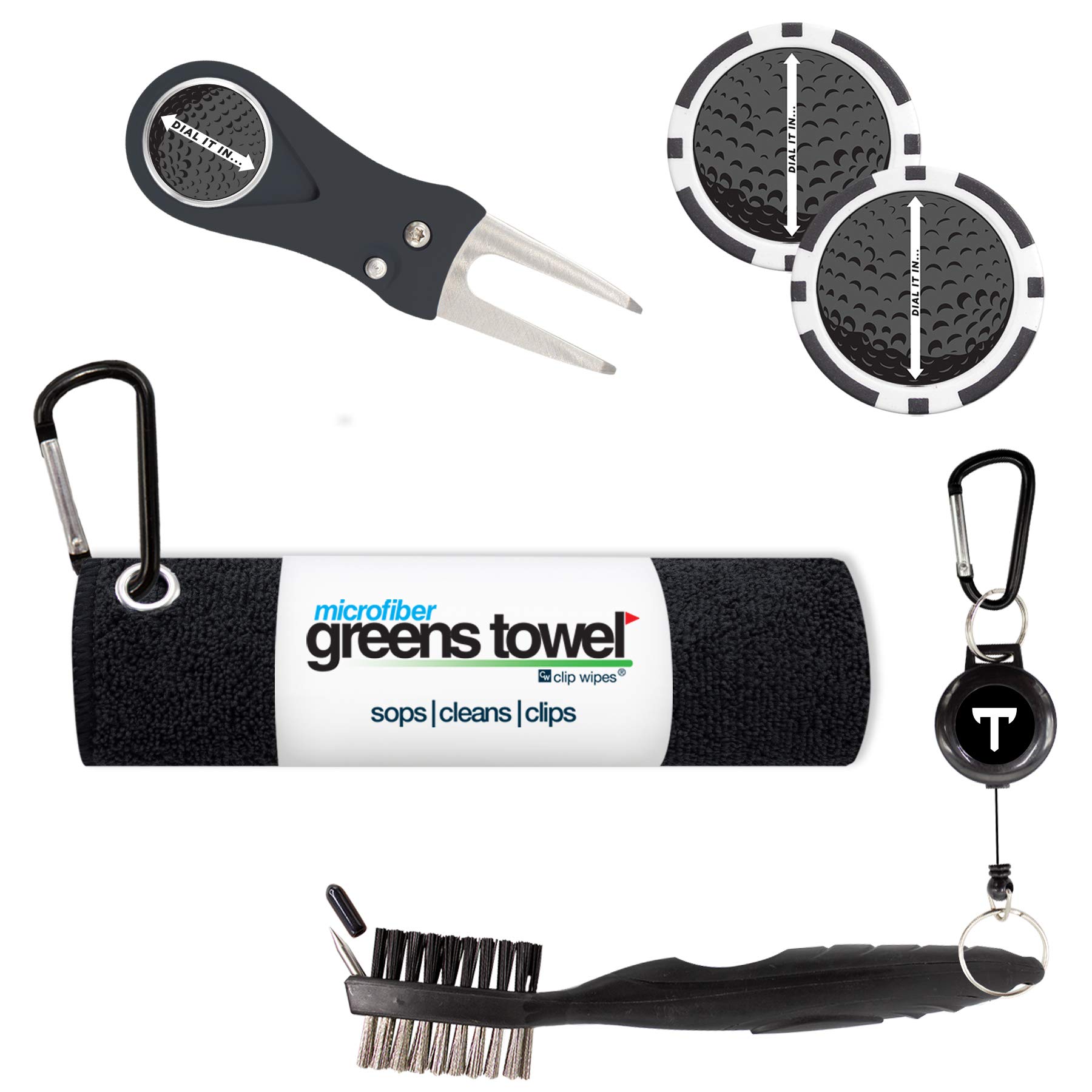 Premium Golf Accessories Set - Golf Greens Towel, Terminator Brush, Switchblade Divot Tool & 2 Ball Marker Poker Chips (Black) | Perfect for Golf Course Maintenance & Game Improvement