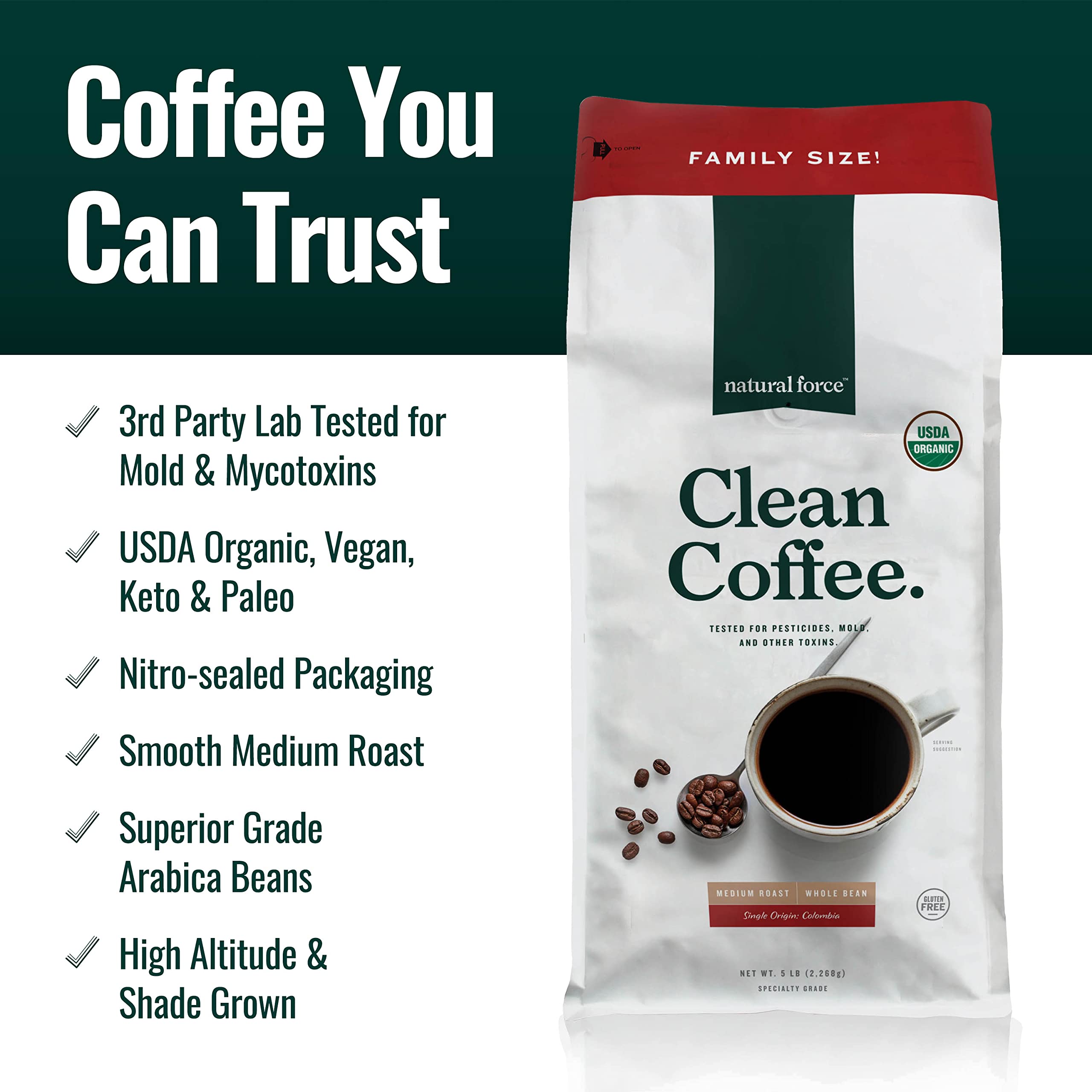 Natural Force Organic Clean Coffee Classic - Mold & Mycotoxin Free, Lab Tested for Purity, Low Acidity Whole Bean Medium Roast (5 lbs) | Great for Home Brewing, Office Use & Gifts