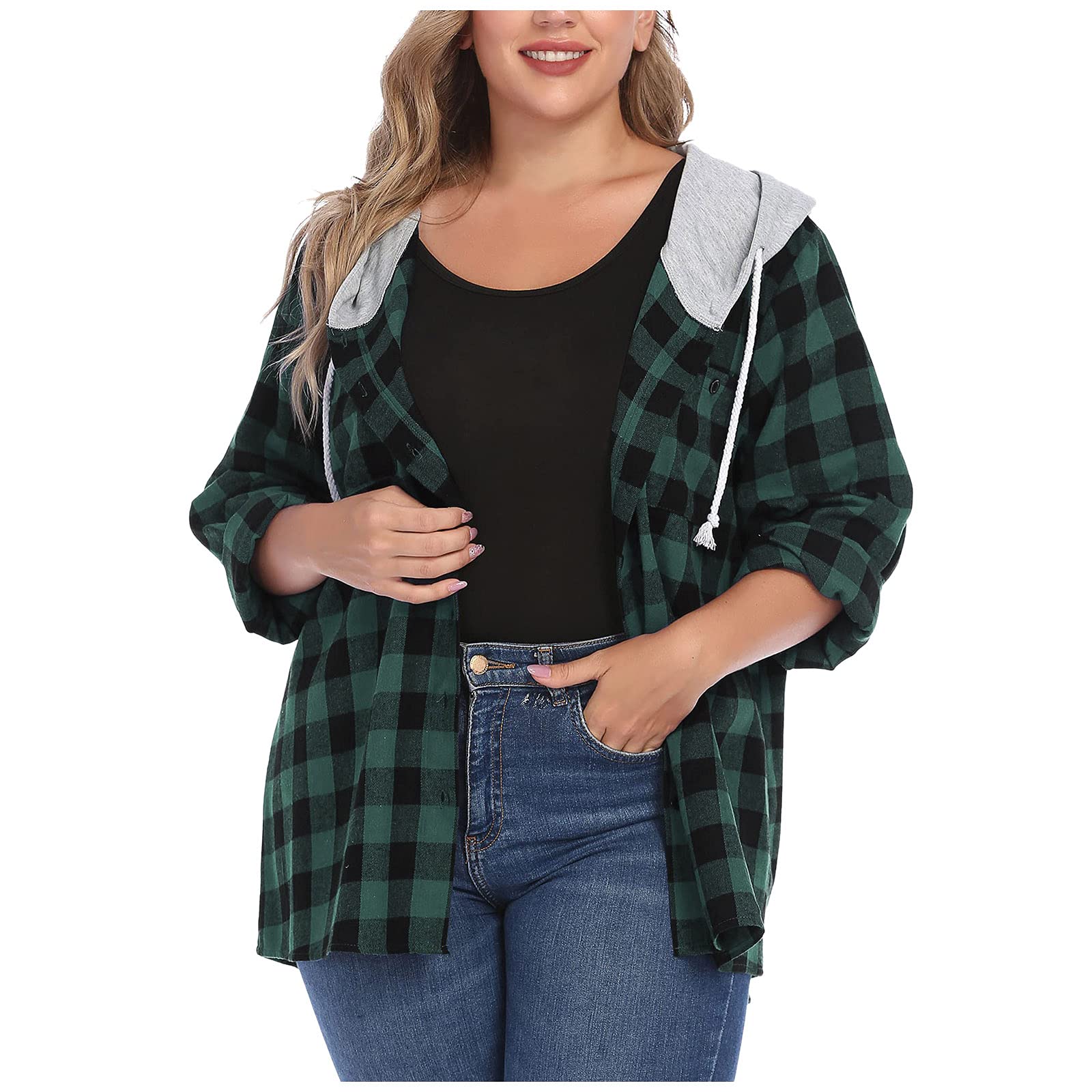 Women's Plus Size Flannel Plaid Hoodie Jacket - Long Sleeve Button Down Casual Shirt with Hood | Cozy Winter Wear for Outdoor Activities & Layered Fashion