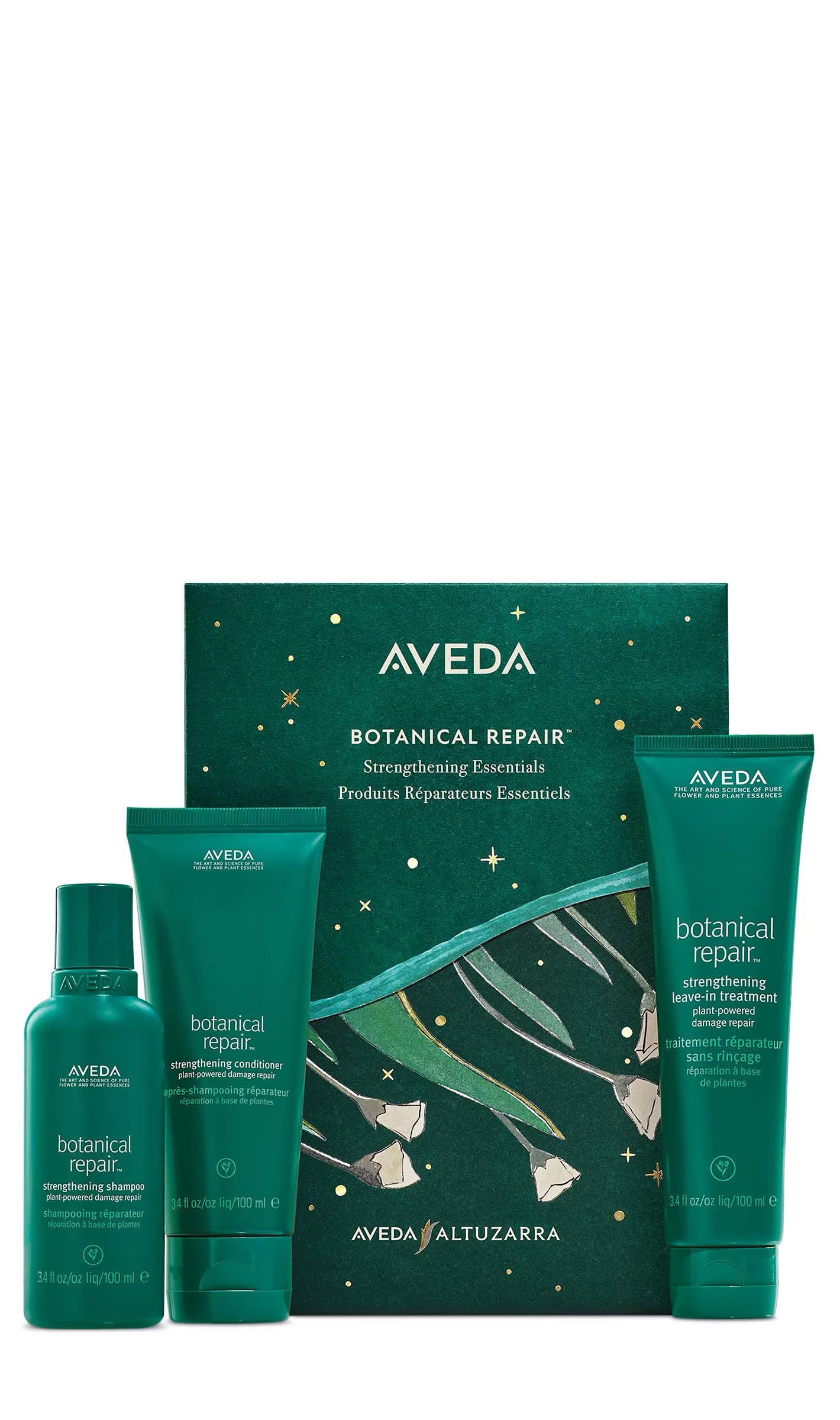 AVEDA Botanical Repair Strengthening Essentials Gift Set - Shampoo, Conditioner & Leave-In Treatment for Damaged Hair | TSA Travel Size | Perfect for Vacation, Gym & On-The-Go Hair Care