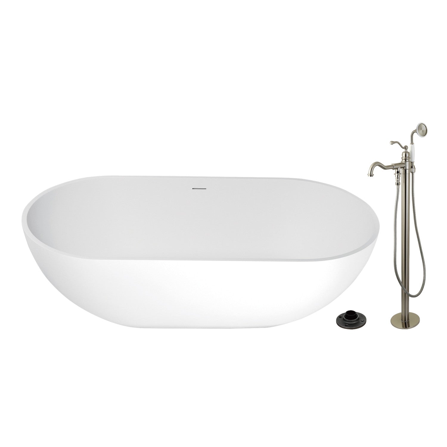 Arcticstone KRTRS7035138AL 70-Inch Freestanding Oval Bathtub with Faucet Combo - Brushed Nickel Finish | Solid Surface Double-Ended Soaking Tub for Luxury Bathroom & Spa Relaxation