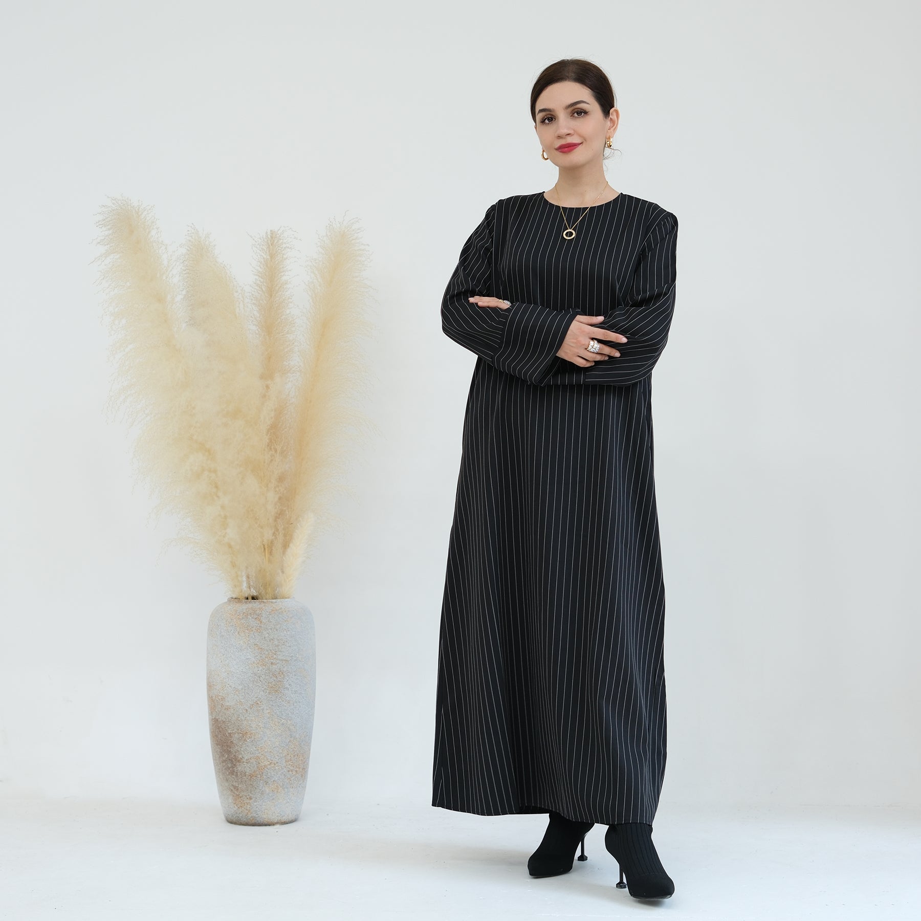 Janine Stripe Long Sleeve Belted Maxi Dress for Women - Elegant Black Flowy Dress for Parties, Weddings & Special Occasions