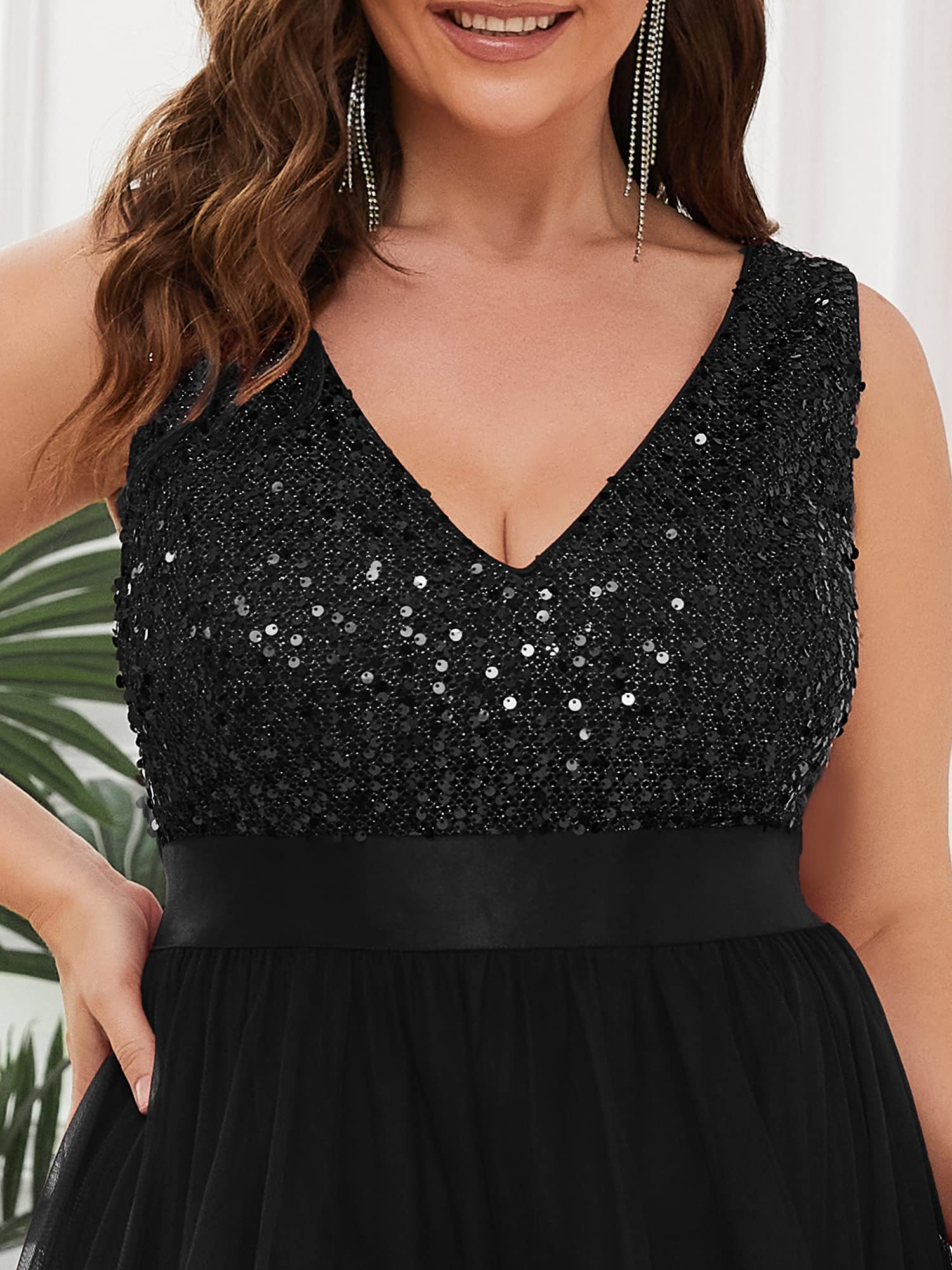 Ever-Pretty Women's Plus Size Double V-Neck A-Line High-Low Sequin Tulle Formal Dress for Curvy Women 0147A-DA | Elegant Evening Gown for Prom, Wedding Guest, Cocktail Party & Special Occasions