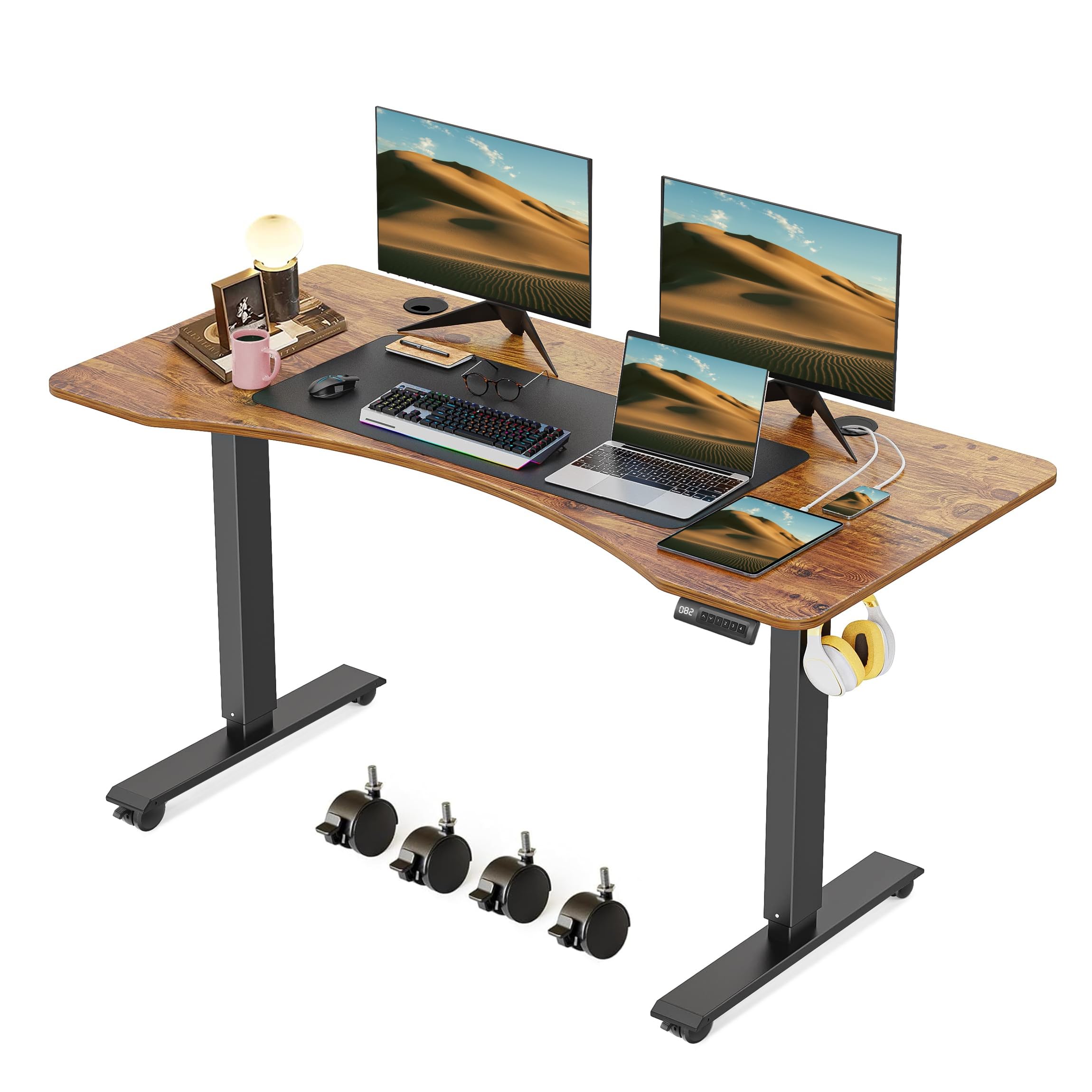 55 x 24 Inches Adjustable Height Electric Standing Desk - Ergonomic Sit Stand Desk with Memory Preset & Headphone Hook for Home Office (Black Frame/Brown Top) | Perfect for Remote Work, Gaming Setup & Small Workspaces
