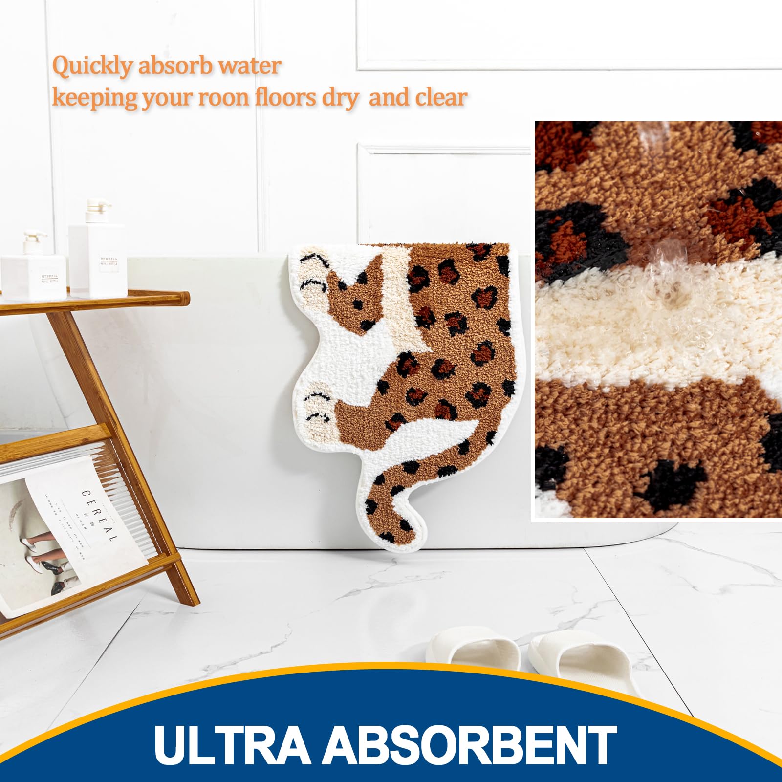 Seek4comfortable Cute Leopard Bathroom Rugs - Soft Non-Slip Absorbent Bath Mat for Bathroom, Shower & Bathtub - Brown Cartoon Animal Print Door Mat - Plush Washable Funny Home Decor for Kids & Adults