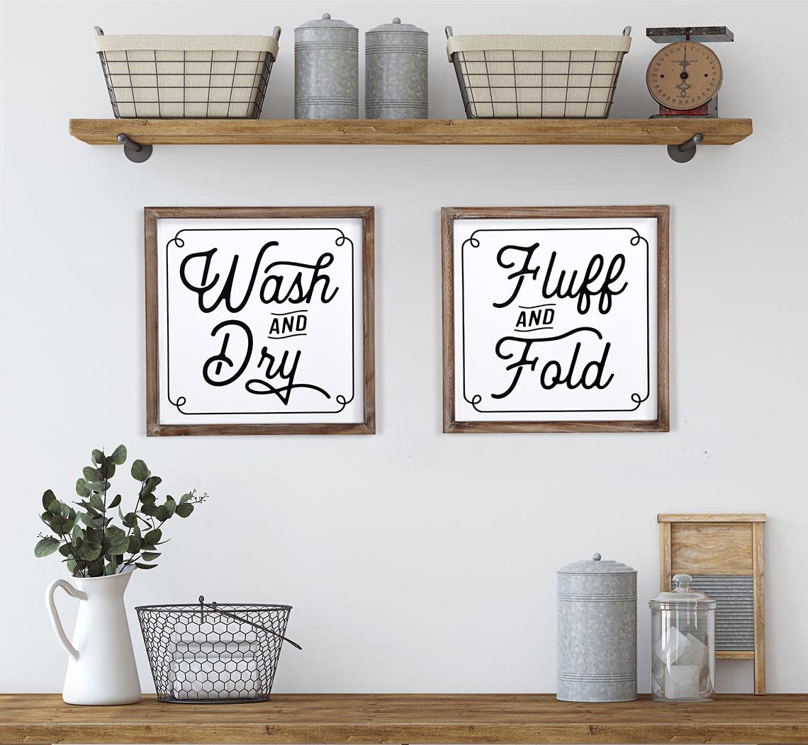 Rustic Wood Frame Fluff and Fold Laundry Sign - Modern Farmhouse Wall Hanging Decor for Laundry Room, Shelves & Tabletop | Perfect for Home, Apartment & Laundromat Decor