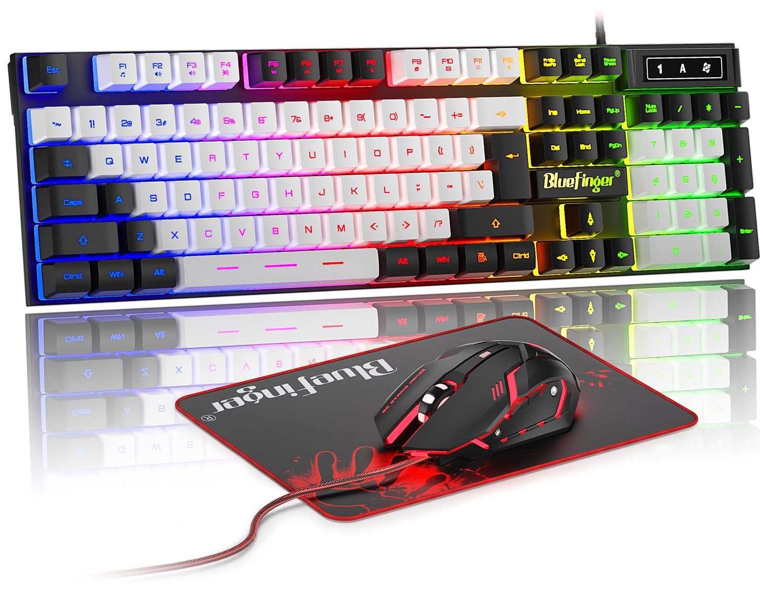 BlueFinger RGB Gaming Keyboard and Mouse Combo - Wired USB Backlit Mechanical Keyboard with Ergonomic Gaming Mouse for PC, Laptop - Perfect for Gaming, Work, and Office Use (Black & White)