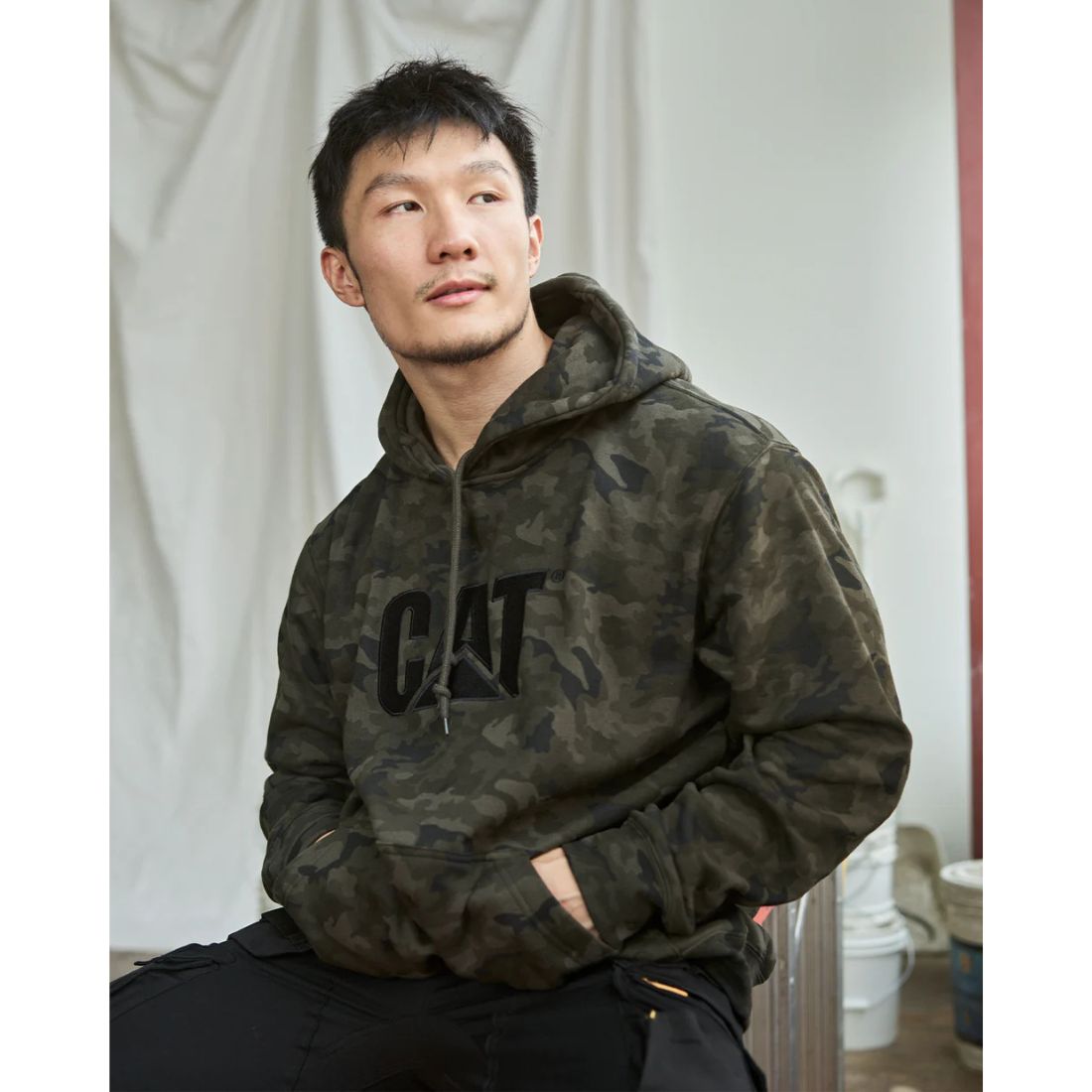 CAT Men's Camo Hooded Work Sweater W10646 - Durable Fleece Jacket for Construction, Outdoor Work & Winter Wear