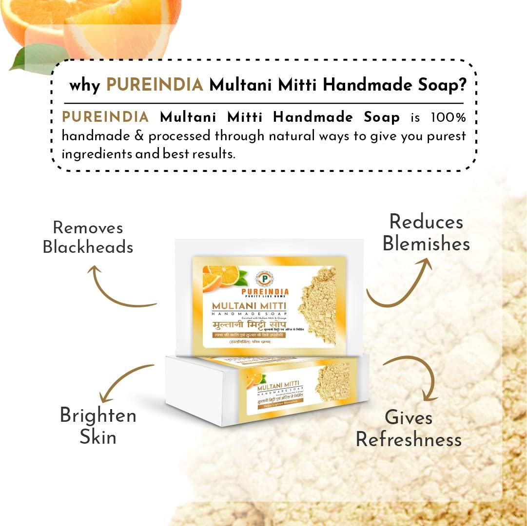 Pureindia Handmade Multani & Orange Bathing Bar - 100GM (Pack of 5) | All Skin Types | Enriched with Orange Essential Oil | Gentle Exfoliation & Moisturizing | Perfect for Daily Shower & Spa Relaxation