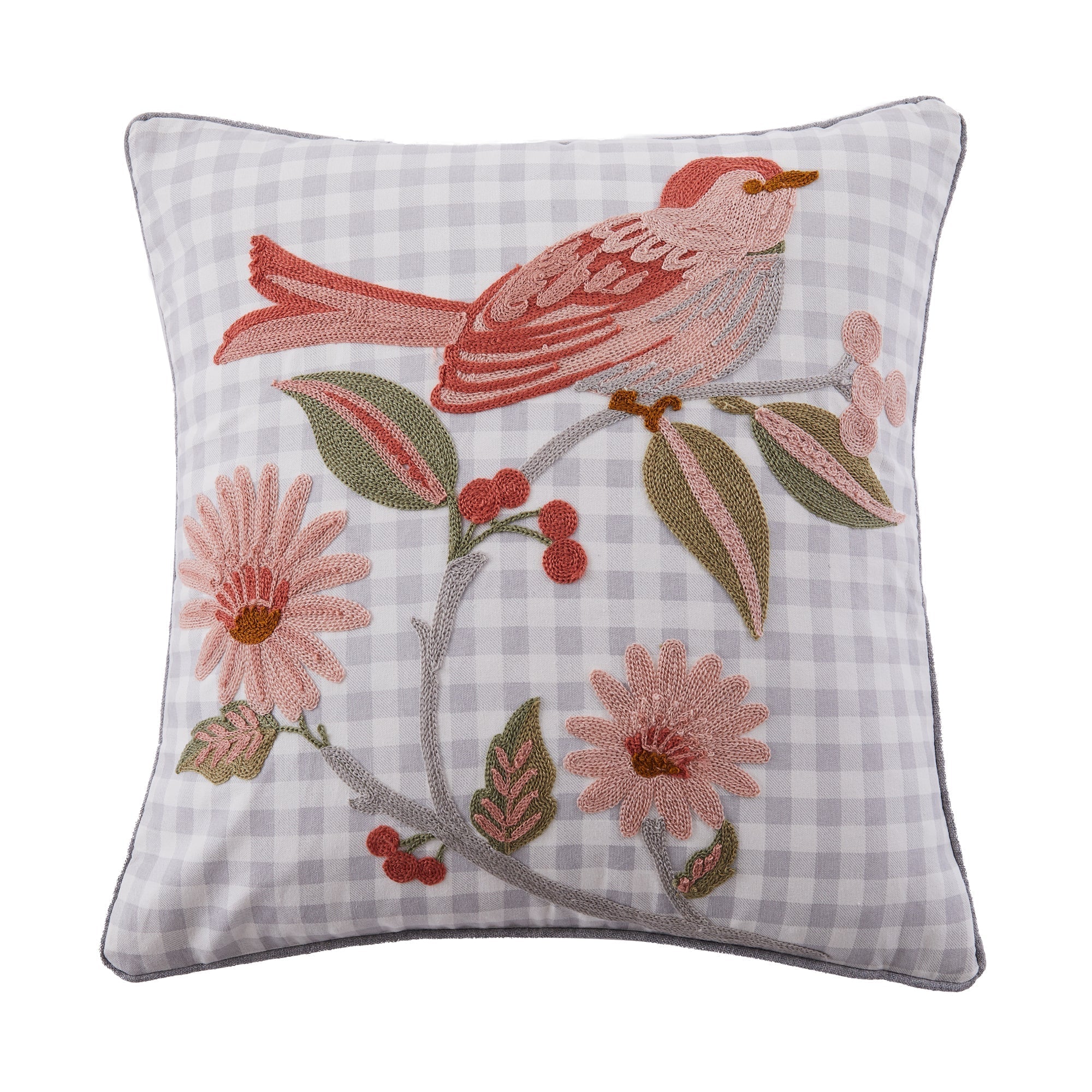 Pippa Embroidered Bird Gingham Pillow - Decorative Throw Pillow Cover for Sofa, Bed, Nursery - 18x18 Inch Home Decor Cushion Cover