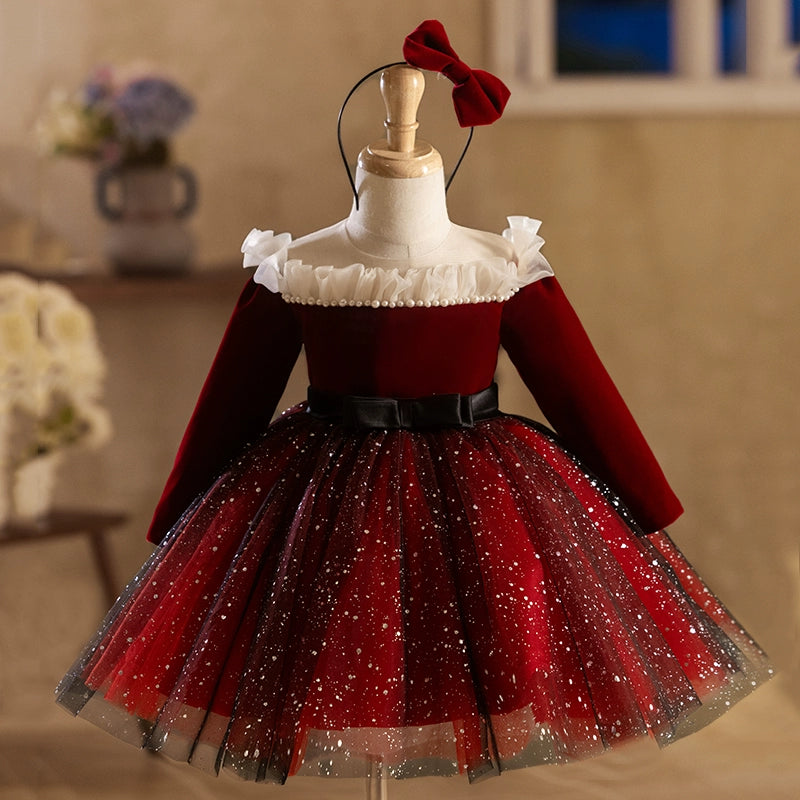 Girls Long Sleeve Birthday Party Dress - Red Princess Gown for Special Occasions | Perfect for Birthday Celebrations, Christmas, Pageants & Formal Events