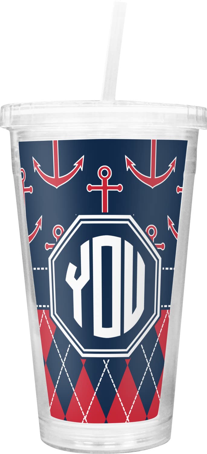 Personalized Anchors & Argyle Double Wall Insulated Tumbler with Straw and Lid - 20oz Stainless Steel Travel Mug for Hot & Cold Drinks - Perfect for Office, Gym, Hiking and Outdoor Activities