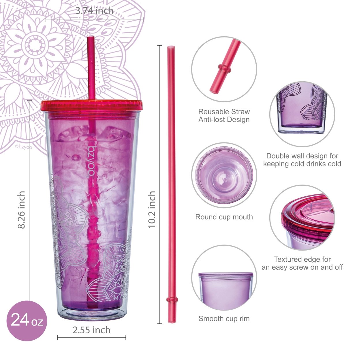 24oz Double Wall Insulated Plastic Tumbler with Lid and Straw - La La Mandala Pink Design | Leakproof Travel Mug for Coffee, Tea & Cold Drinks | BPA-Free Reusable Cup for Office, Gym & Outdoor Activities