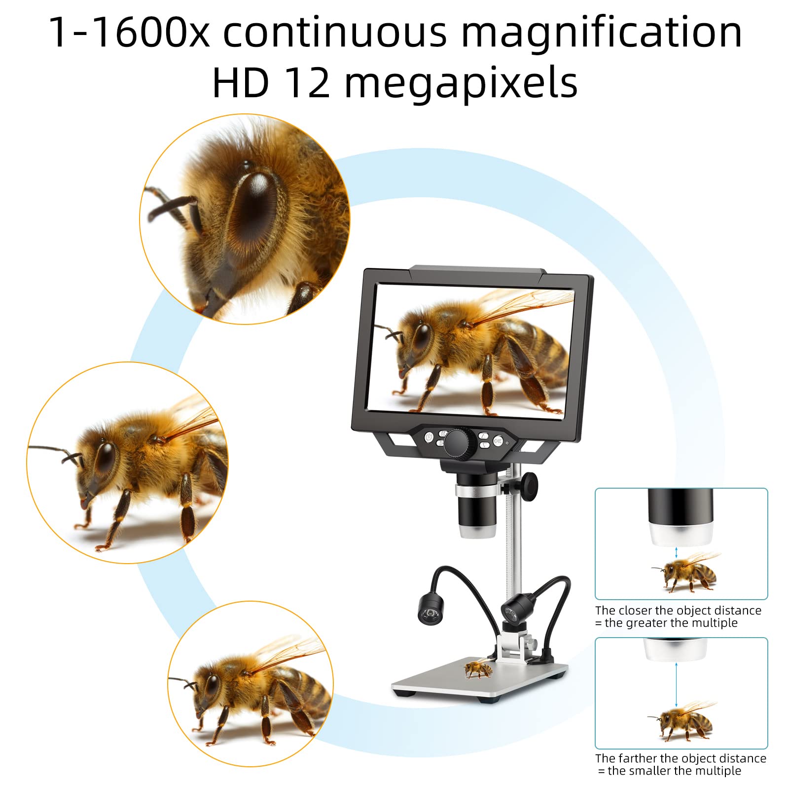 Koolertron 9-inch LCD Digital Microscope - 12MP 1600x Magnification, 1080P HD Resolution, 32GB TF Card & 5000mAh Rechargeable Battery, 10-inch Adjustable Stand with LED Side Lights for Coin Collecting, Jewelry Appraisal, PCB Repair, Plant & Rock Analysis - Perfect for Hobbyists, Scientists & Educators