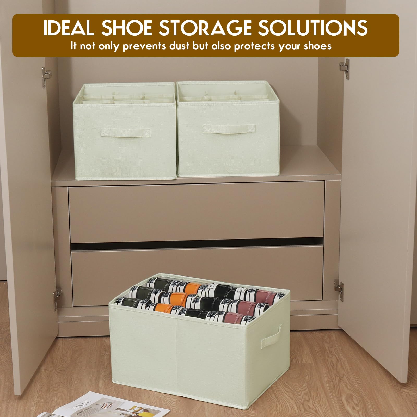 3 Pack Fabric Shoe Organizer for Closet - Foldable Storage Bins Holds 36 Pairs, Cube Cabinet with Reinforced Handles (Beige, 16.5