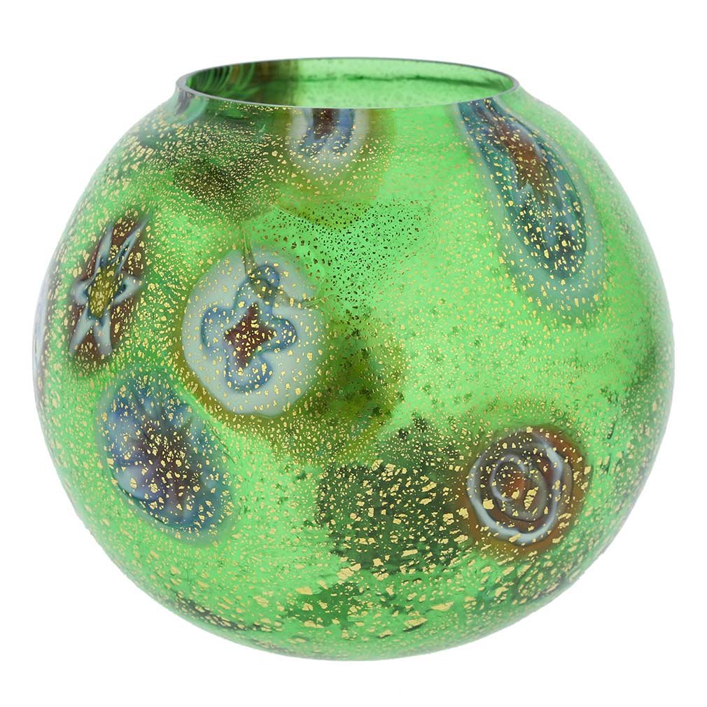 Venetian Murano Glass Millefiori Votive Candle Holder - Handcrafted Green Art Glass for Home Decor, Wedding Centerpieces & Gift Giving