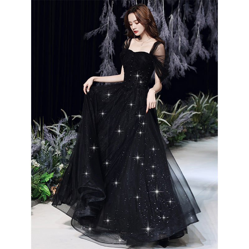 Elegant Black Off Shoulder A-Line Long Prom Evening Dress for Women - Perfect for Formal Events, Dances & Special Occasions