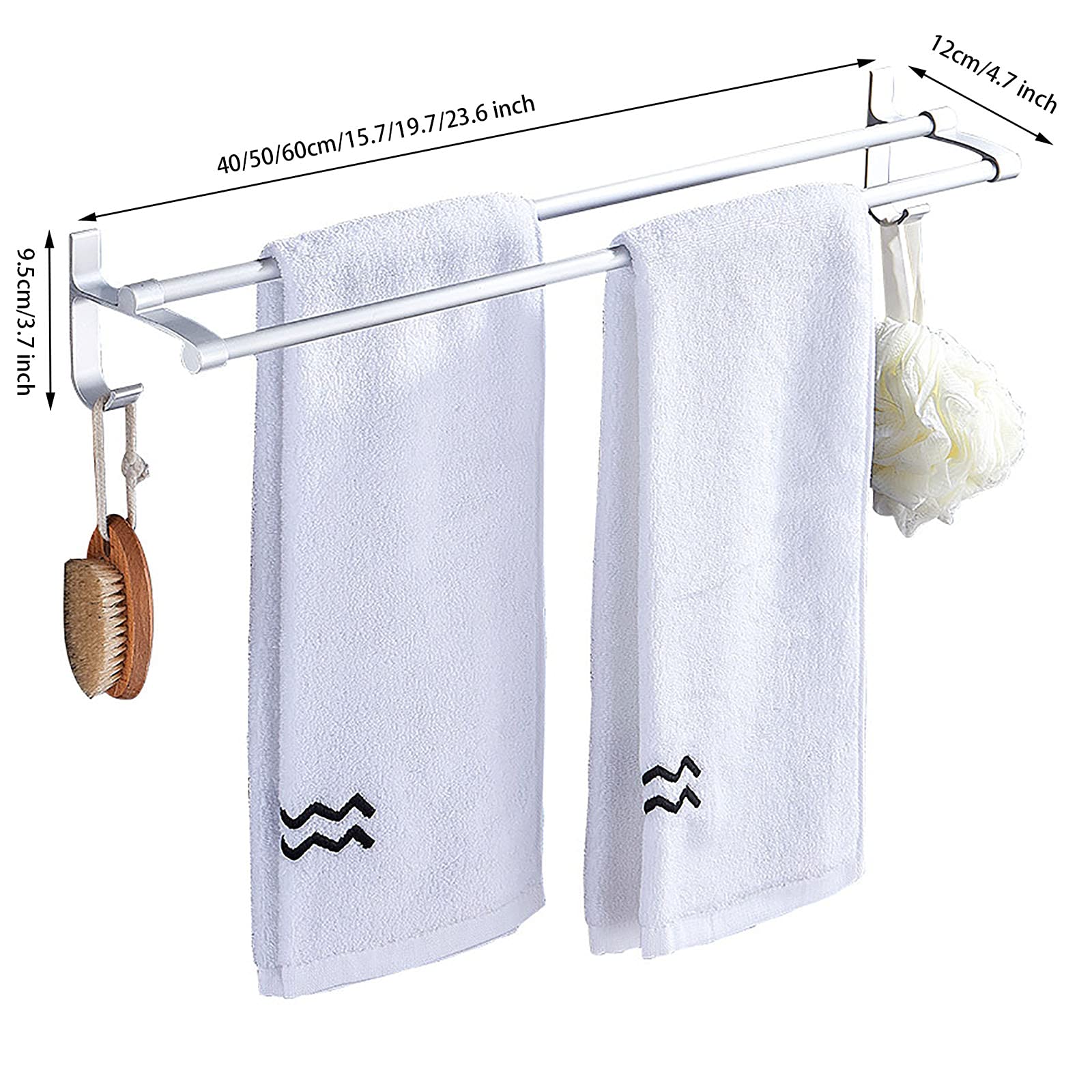 Premium Aluminum Wall Mounted Bathroom Shelves - Double Pole Towel Rack with Hooks for Bathroom Organization | Rustproof Space-Saving Storage Solution for Towels, Robes & Toiletries | Perfect for Small Bathrooms, Apartments & RV Showers