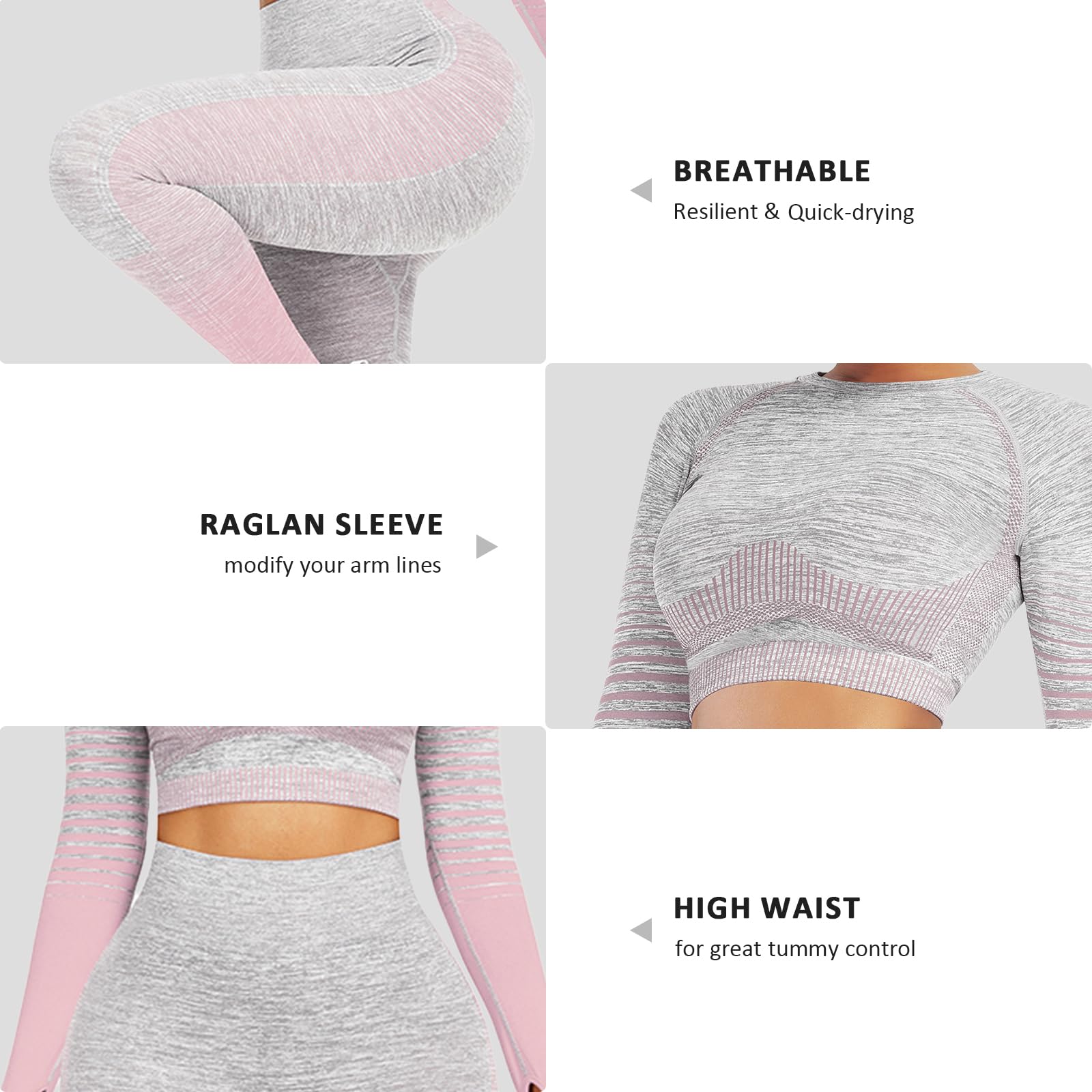 FeelinGirl Women's 2-Piece Workout Set - Long Sleeve seamless ribbed crop top & high waist leggings - Yoga, Gym, Running & Lounge Wear