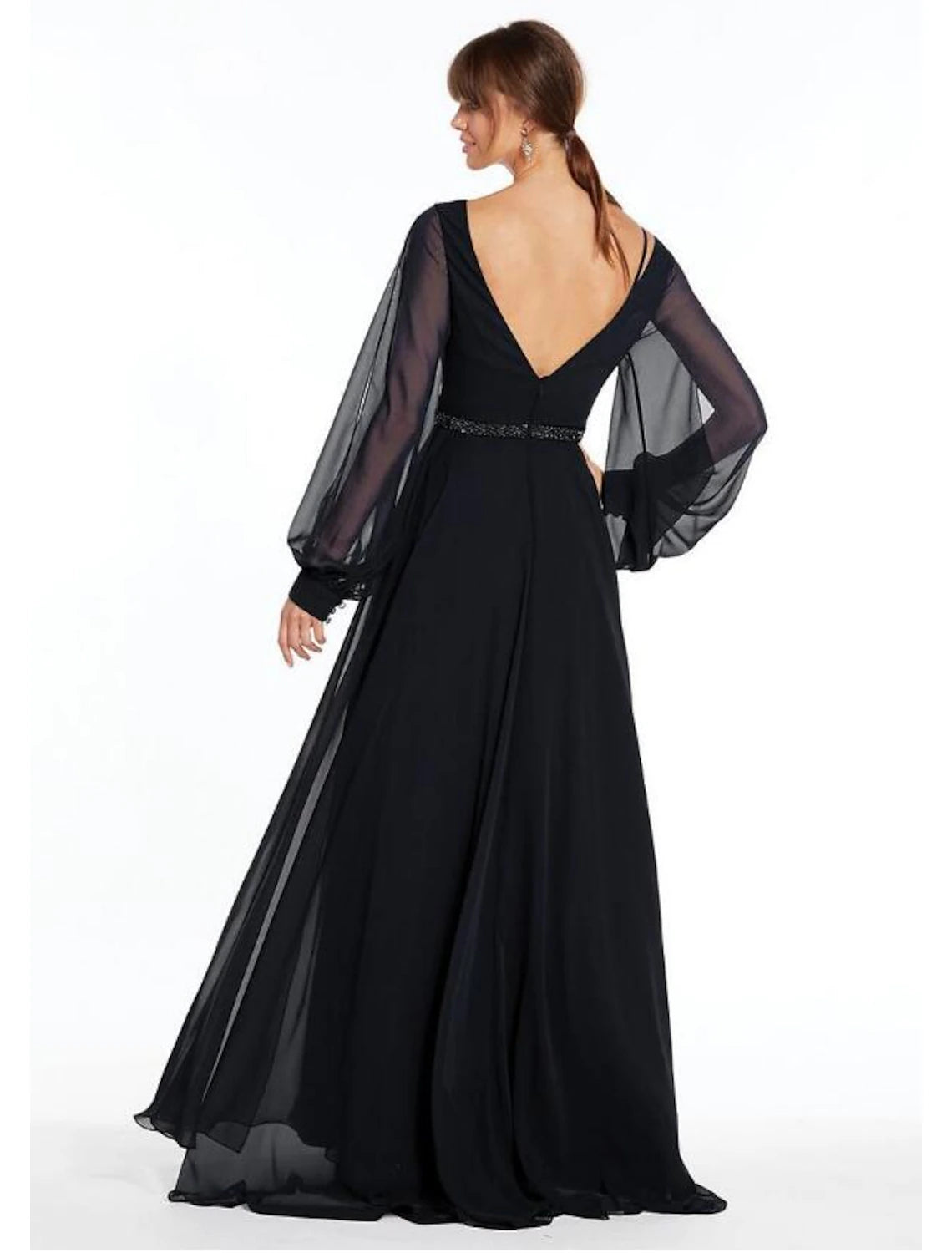 Elegant A-Line Evening Gown with V-Neck & Beading - Long Sleeve Empire Waist Chiffon Dress for Holiday Parties & Formal Events - Perfect for Prom, Wedding Guest & Black Tie Occasions
