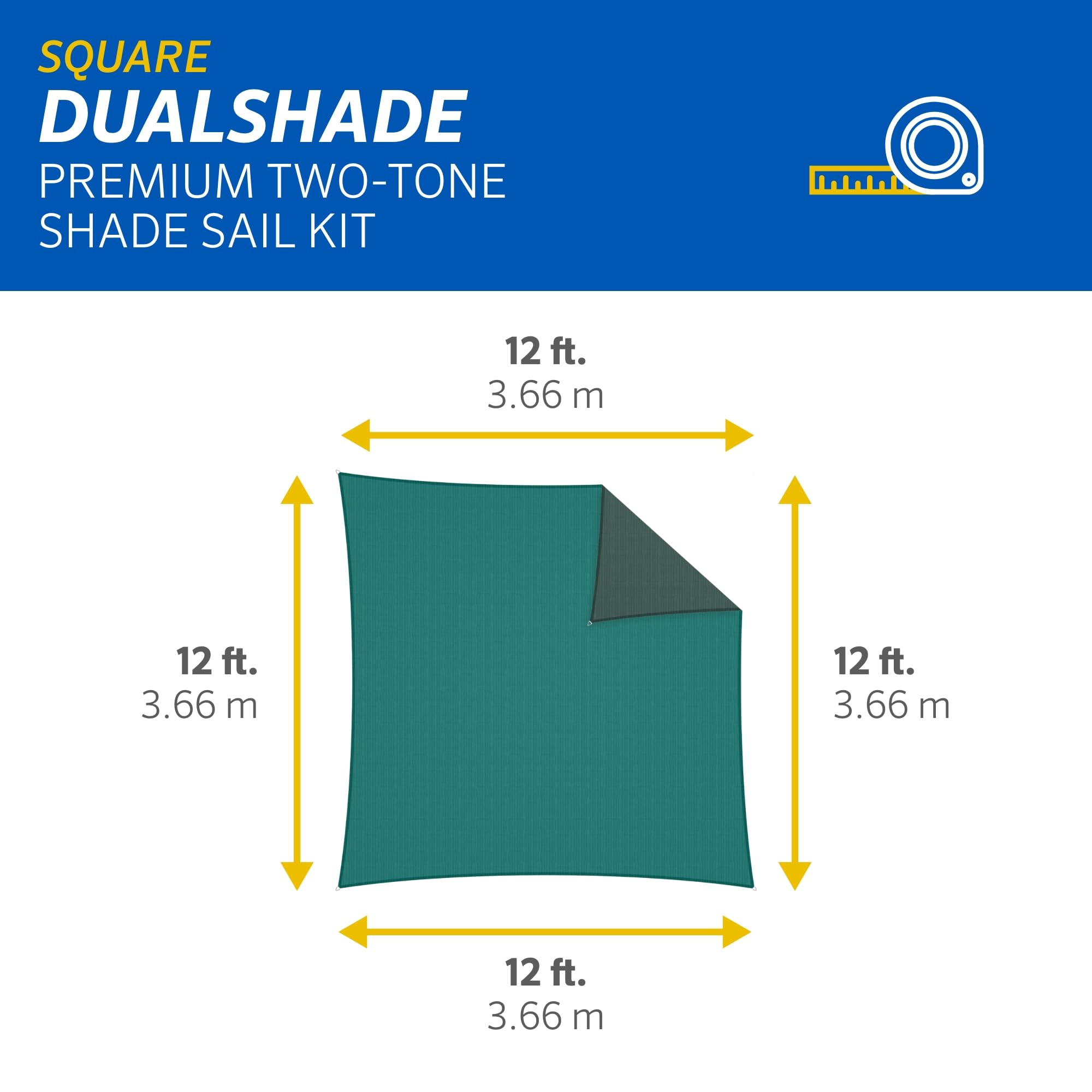 Coolaroo 95% UV Block Dualshade Iridescent Outdoor Sun Shade Sail 12' Square with Hardware Kit - Perfect for Patio, Garden, Pool, Backyard & Outdoor Living Spaces | Maldives Color | Sun Protection & Stylish Shade Solution