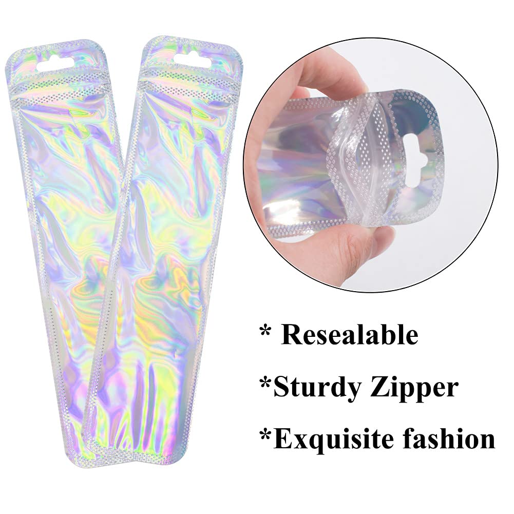 Resealable Foil Ziplock Bags 50 Pack - Aluminum Foil Storage Bags for Jewelry, Pens, Lipstick, Eyelashes & Necklaces - Holographic Rainbow Colors - Perfect for Organizing, Travel & Gift Packaging