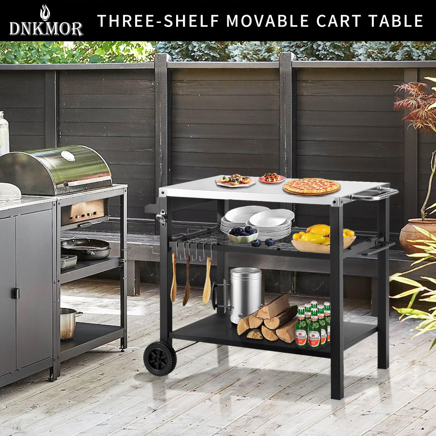 **3-Tier Rolling Kitchen Cart - Portable Outdoor BBQ Grill Table, Pizza Oven Stand with Hooks - Multifunctional Food Prep Island for Indoor & Outdoor Use (Silver) - Perfect for Patio, Picnic & Camping**