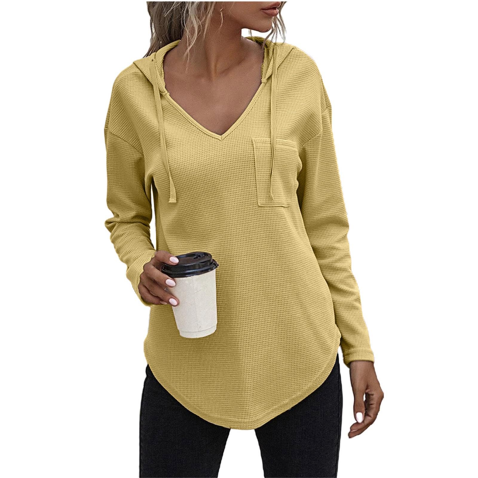 Women's High Low Hem Waffle Knit Tunic Sweatshirt with Pockets - Long Sleeve V-Neck Pullover Top with Drawstring - Casual Loungewear for Fall & Winter