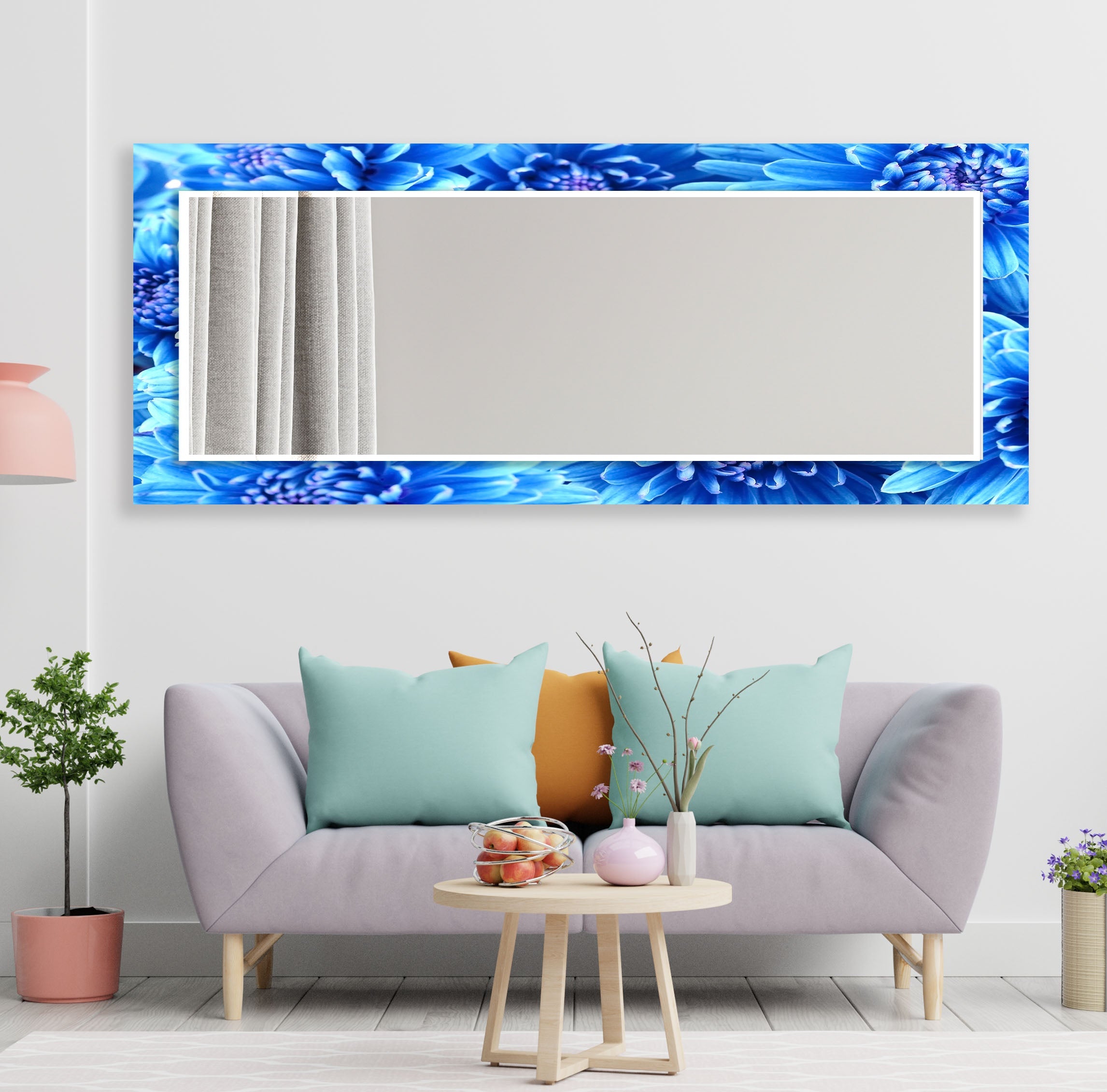 Large Blue Floral Wall Mirror - Elegant Home Decor for Living Room, Bedroom, or Entryway